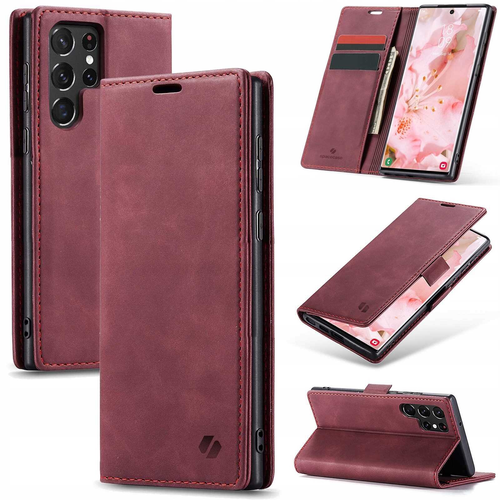 Czerwone etui z klapką do telefonu, z miejscem na karty i banknoty. Widoczne logo producenta na dolnej części etui.