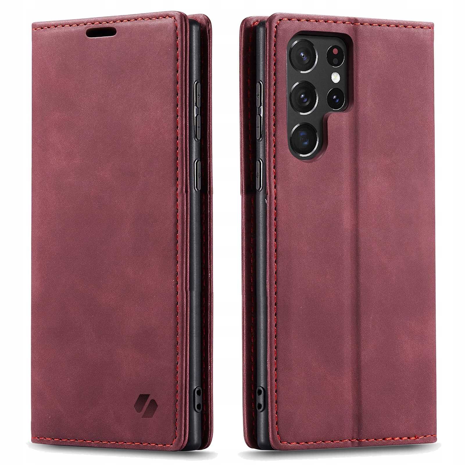 Czerwone etui z klapką do telefonu, widoczne z przodu i z tyłu, z wycięciami na aparat i przyciski. Na dolnej części etui znajduje się logo w formie symbolu.