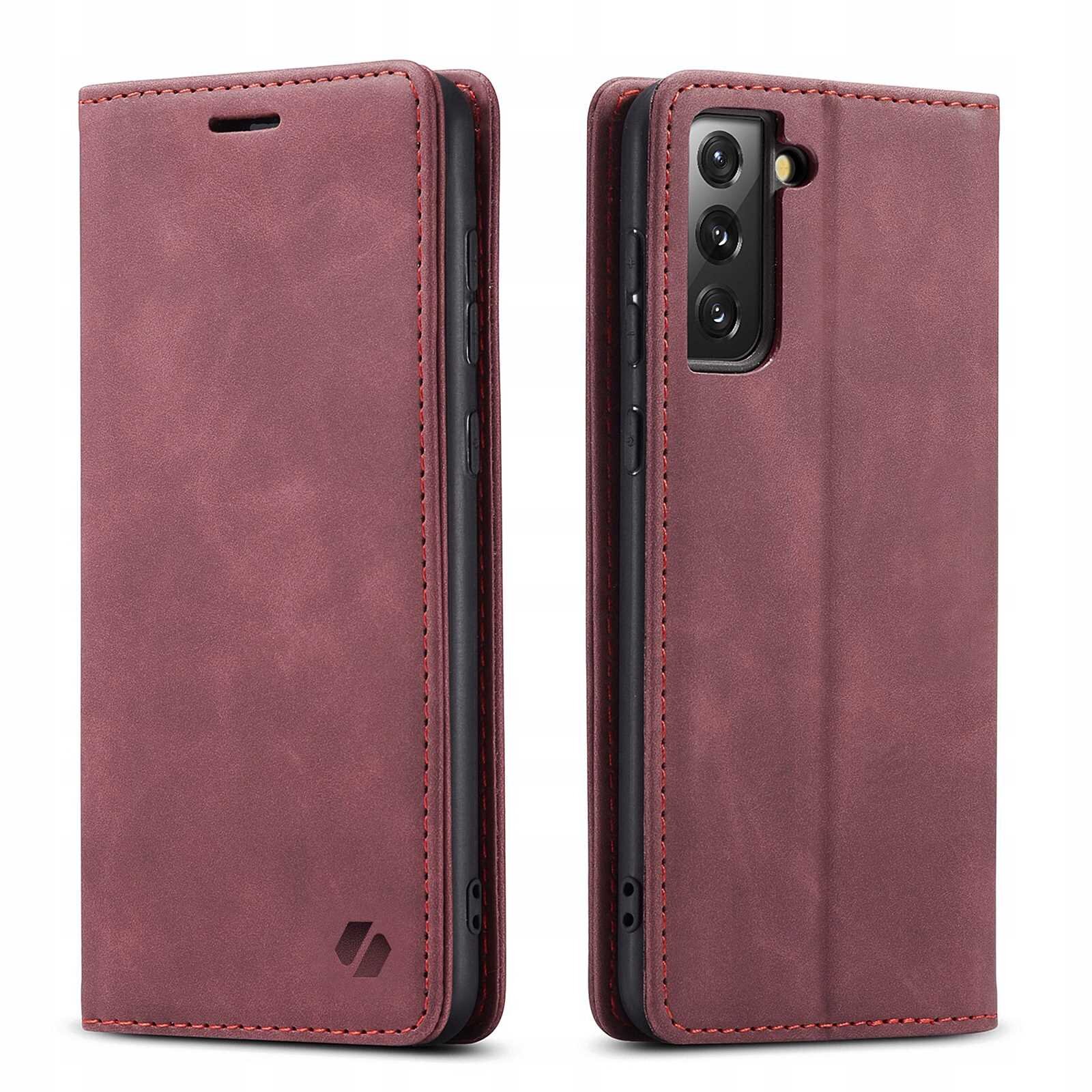 Na obrazie widoczne jest czerwone etui z klapką, przeznaczone do telefonu Galaxy S21 FE. Etui ma wycięcia na aparat i przyciski oraz widoczne logo producenta.