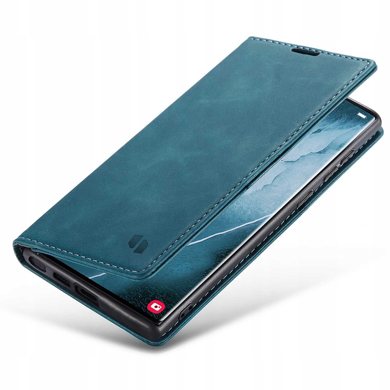 Niebieskie etui z klapką na smartfon, z widocznym logo producenta. Etui jest otwarte, ukazując ekran telefonu wewnątrz.