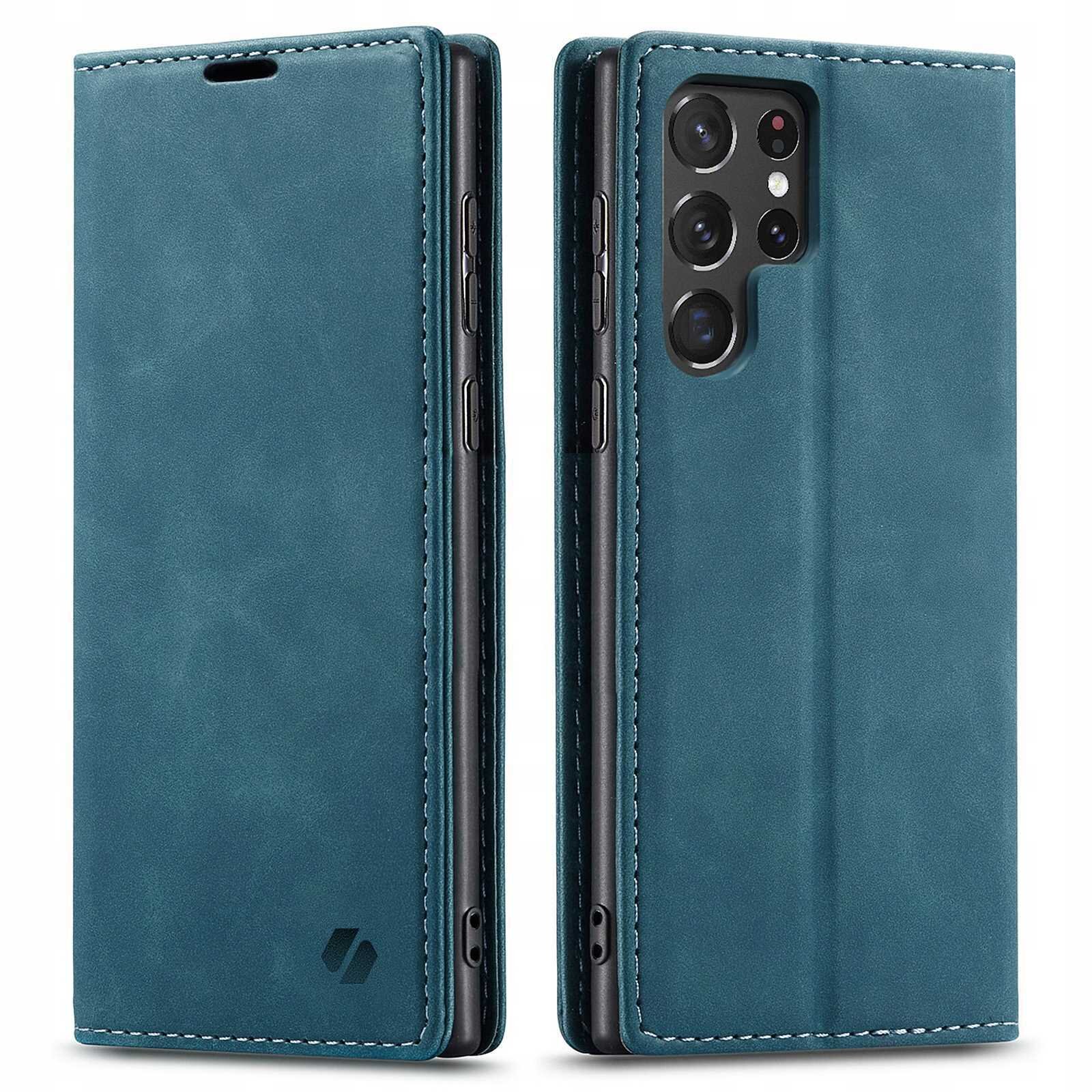 Niebieskie etui z klapką do telefonu, widoczne z przodu i z tyłu, z wycięciem na aparat i logo producenta na dole. Etui ma gładką powierzchnię i przeszycia wzdłuż krawędzi.