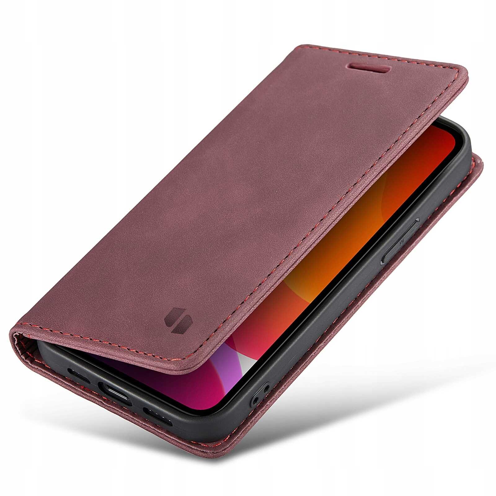 Czerwone etui z klapką na smartfon, z widocznym logo producenta na klapce. Etui jest częściowo otwarte, ukazując ekran telefonu wewnątrz.