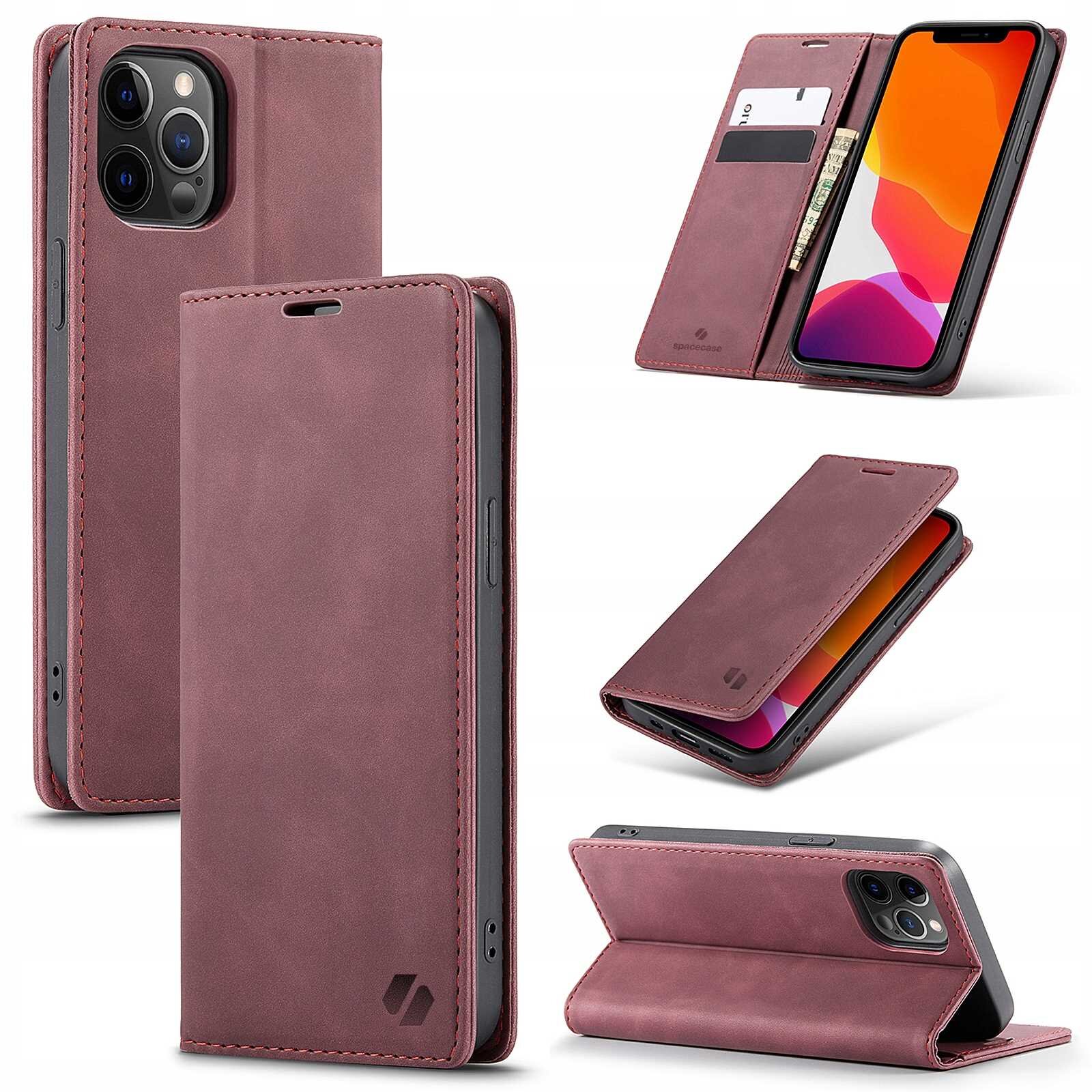 Na obrazie widoczne jest czerwone etui z klapką do telefonu, które posiada miejsce na karty i banknoty. Etui jest pokazane w różnych pozycjach, w tym jako stojak dla telefonu.