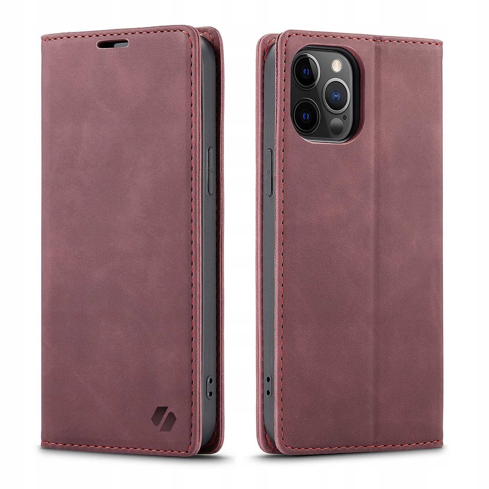 Etui z klapką w kolorze czerwonym, przeznaczone do iPhone 12 Pro Max, widoczne z przodu i z tyłu. Na dolnej części etui znajduje się logo producenta.