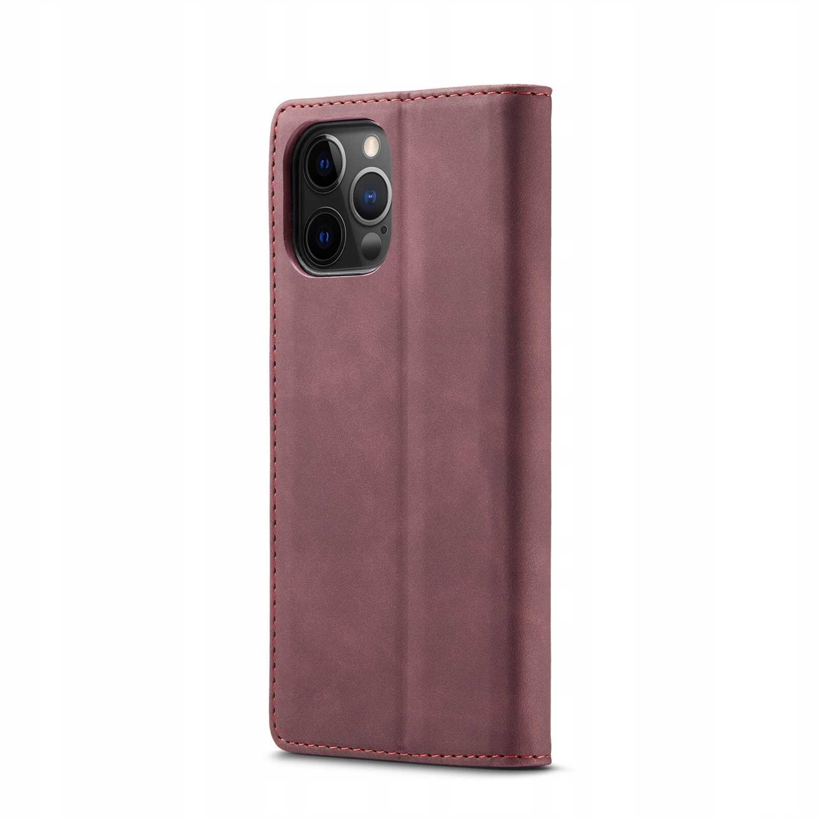 Czerwone etui z klapką na telefon, z widocznymi wycięciami na aparat. Etui ma gładką powierzchnię i przeszycia na krawędziach.