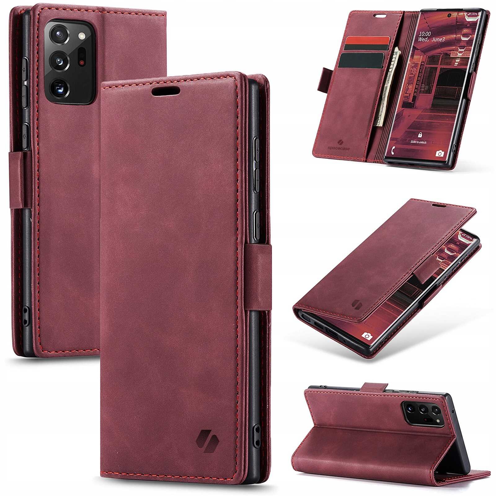 Czerwone etui z klapką do telefonu, z miejscem na karty i funkcją stojaka. Widoczne logo producenta na dolnej części etui.