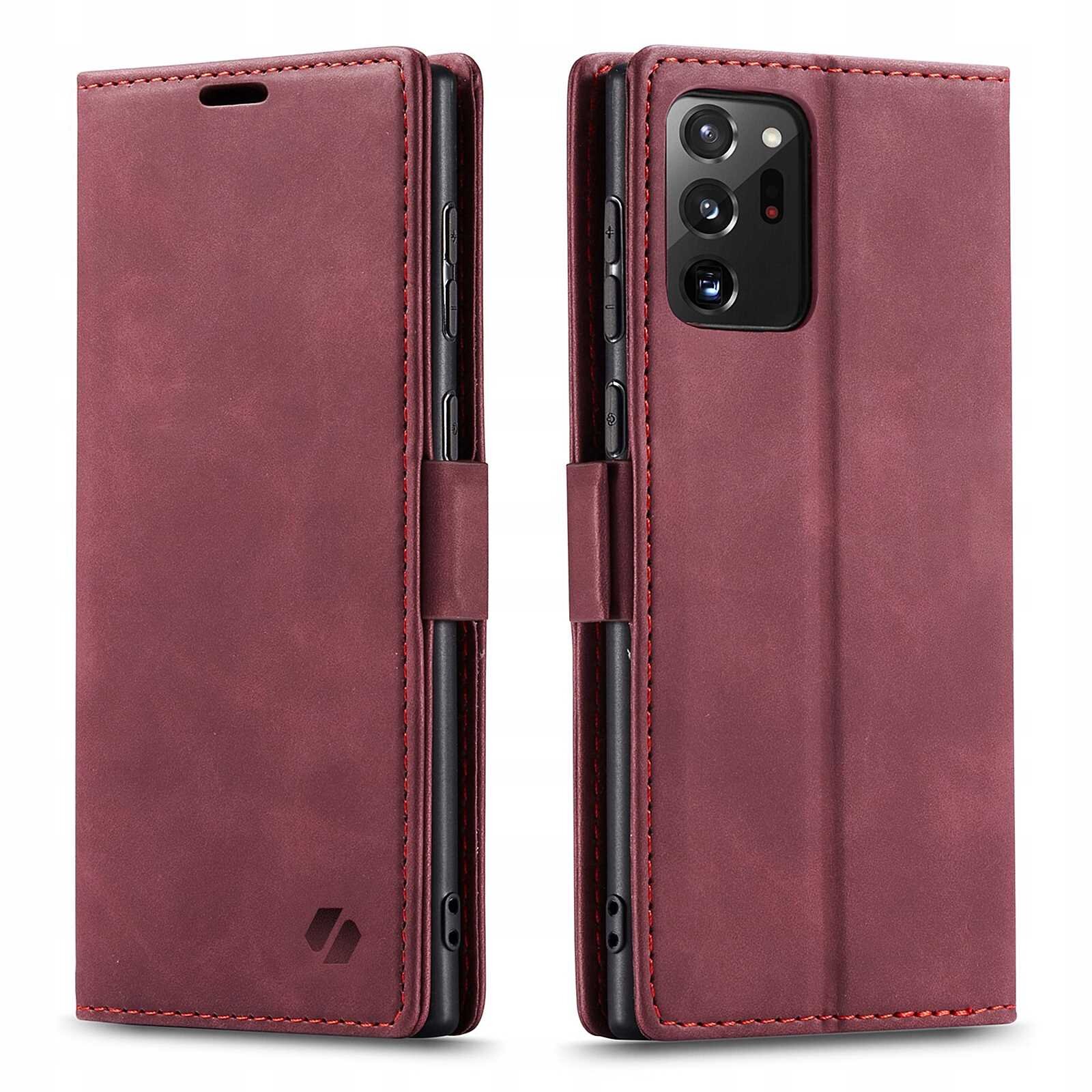 Czerwone etui z klapką na telefon, widoczne z przodu i z tyłu, z wycięciami na aparat i przyciski. Na dolnej części klapki znajduje się logo producenta.