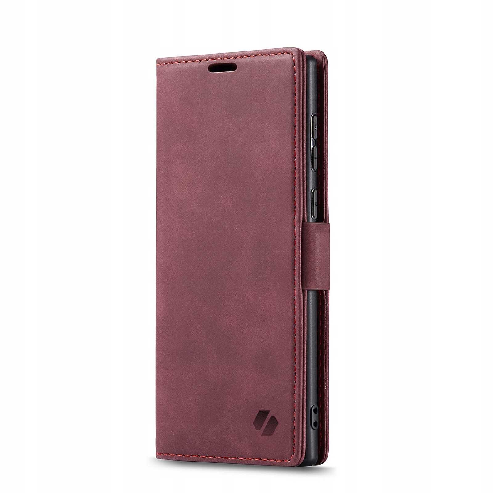 Czerwone etui z klapką na telefon, z widocznym logo producenta w dolnym rogu. Etui jest zamknięte, a po bokach widać przyciski telefonu.