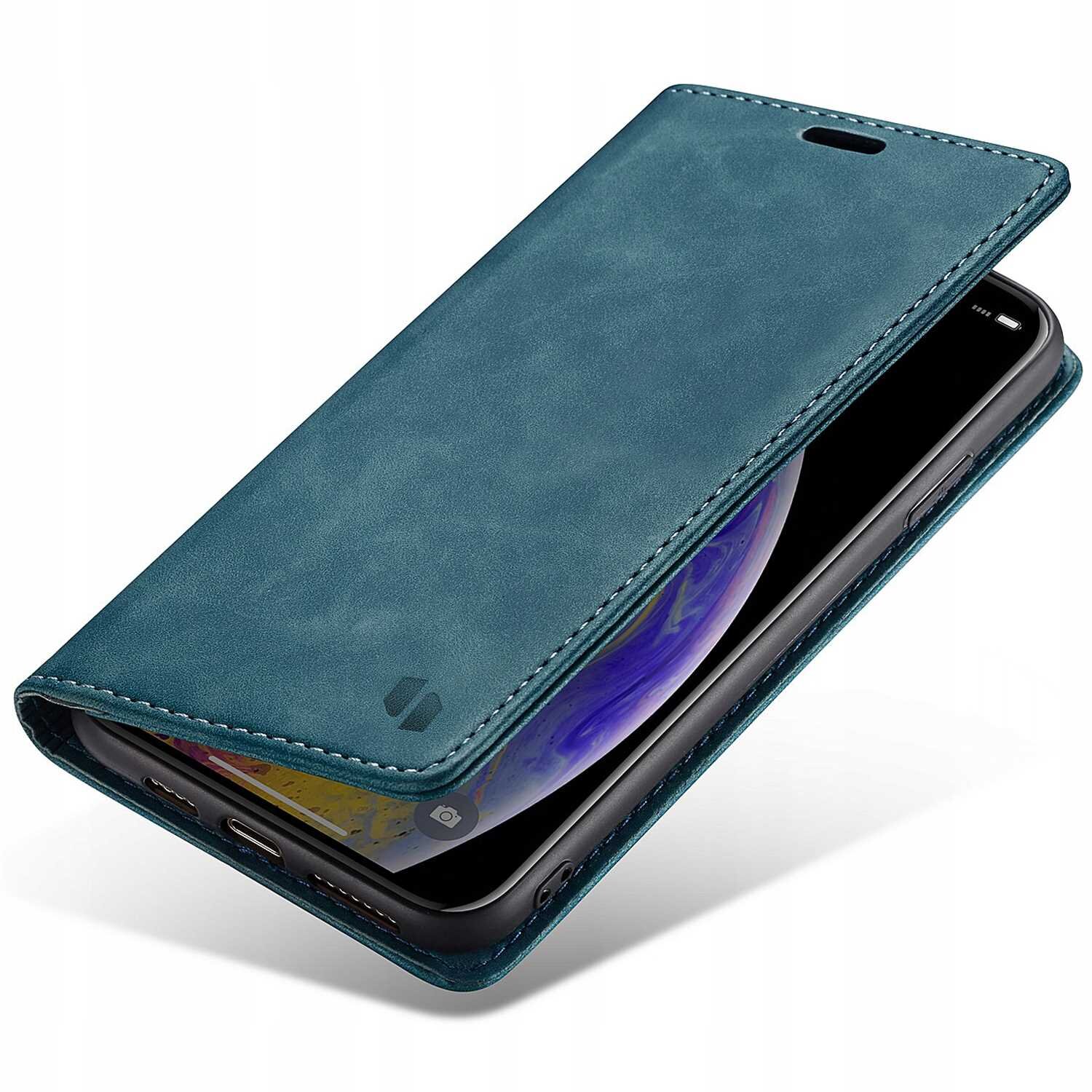 Niebieskie etui z klapką na smartfon, częściowo otwarte, z widocznym ekranem urządzenia. Na etui znajduje się niewielkie logo producenta.