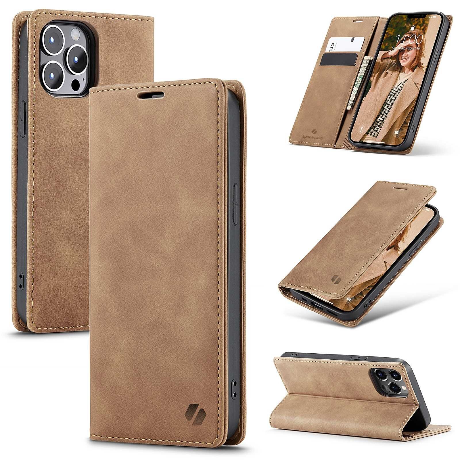 Brązowe etui z klapką na telefon, z miejscem na karty i banknoty, widoczne w różnych ujęciach. Na etui znajduje się logo producenta.