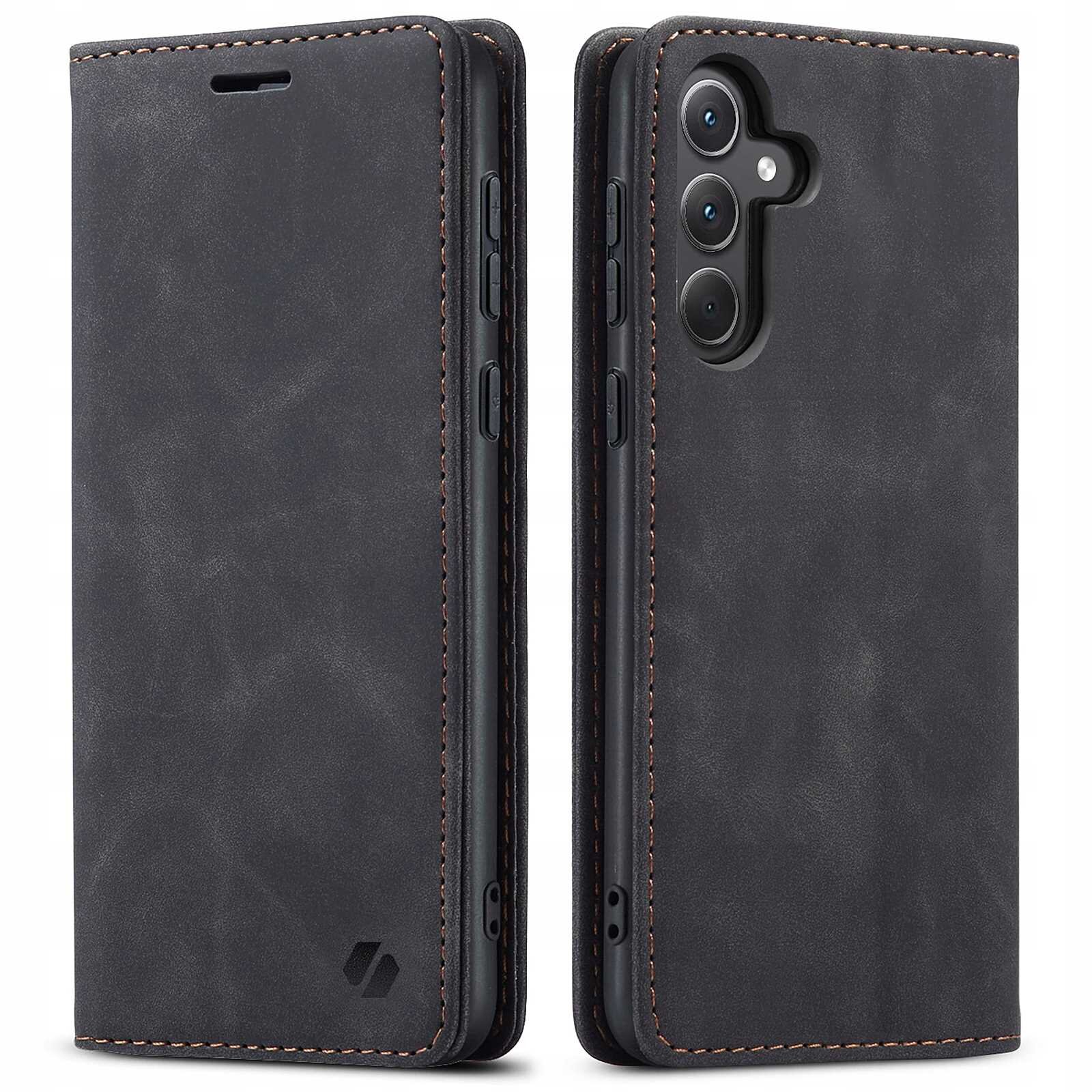 Czarne etui z klapką do telefonu, z widocznymi trzema otworami na aparaty i logo producenta w dolnym rogu. Etui ma teksturę przypominającą skórę i kontrastowe przeszycia.