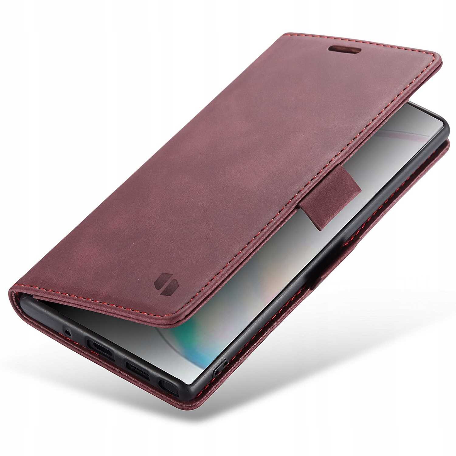 Czerwone etui z klapką na smartfon, z widocznym logo producenta. Etui jest otwarte, ukazując fragment telefonu w środku.