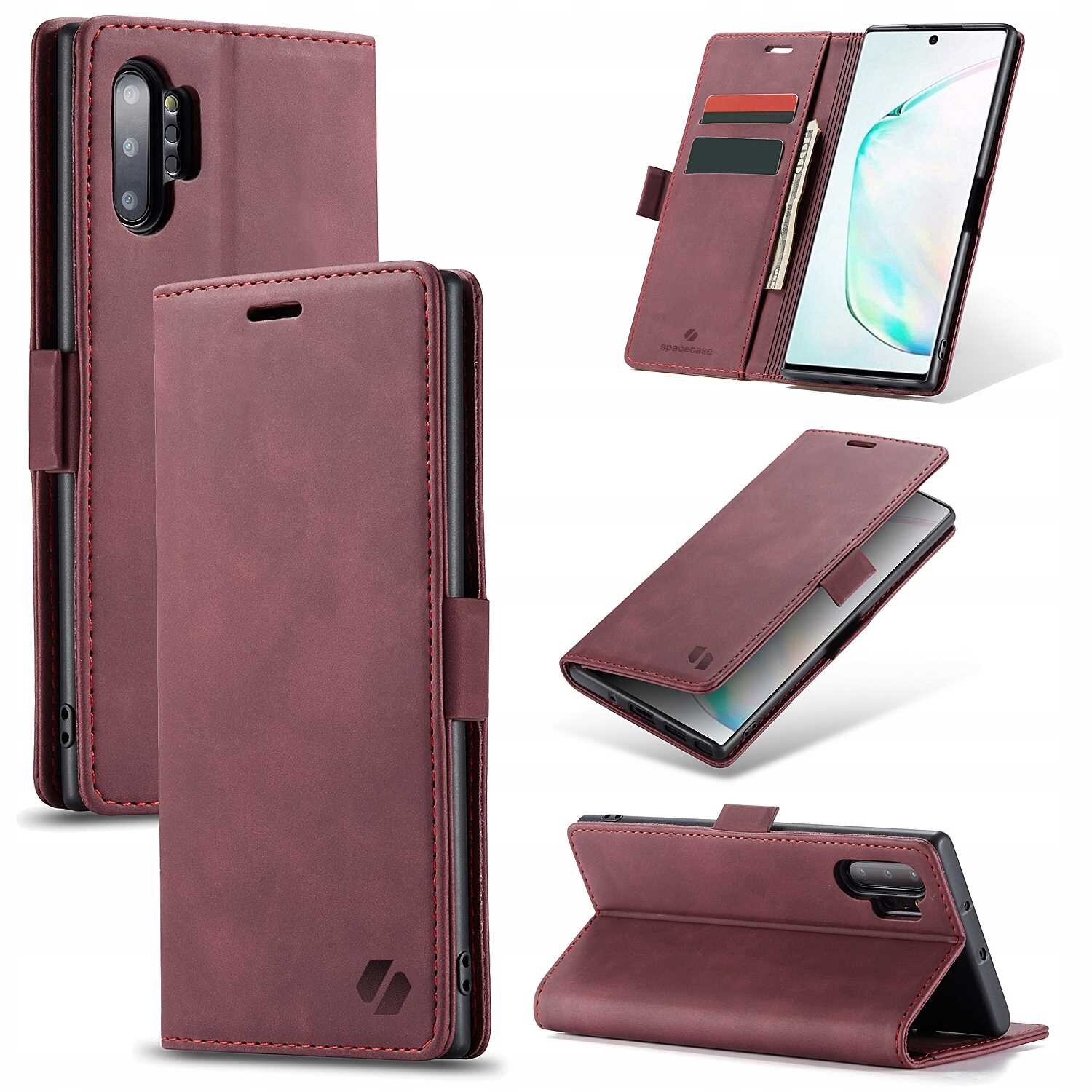 Czerwone etui z klapką do telefonu, z miejscem na karty i logo SPACECASE. Etui prezentowane jest w różnych pozycjach, ukazując jego funkcjonalność i wygląd zewnętrzny.
