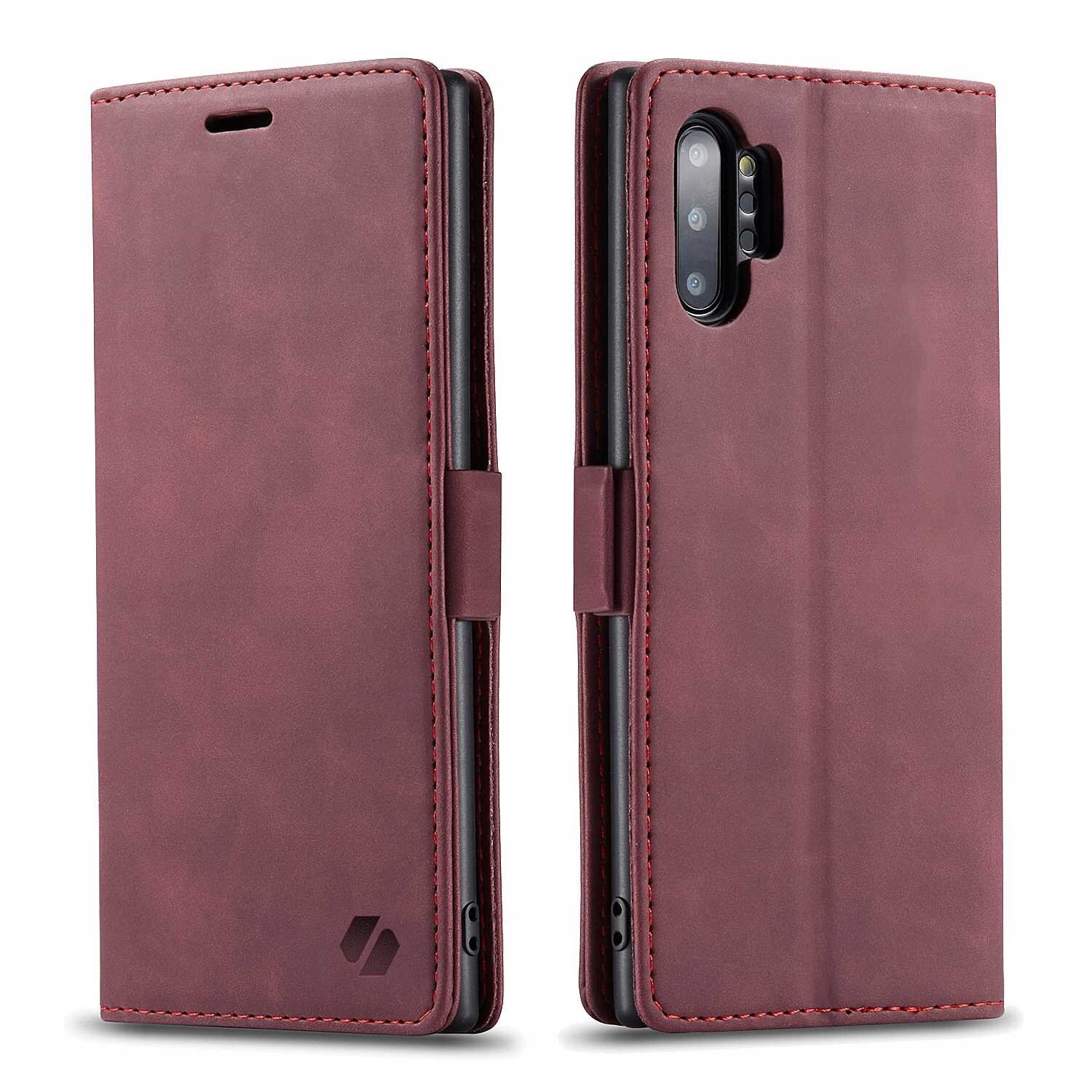 Czerwone etui z klapką do telefonu, widoczne z przodu i z tyłu, z wycięciem na aparat. Na dolnej części etui znajduje się logo w kształcie stylizowanej litery \'S\'.