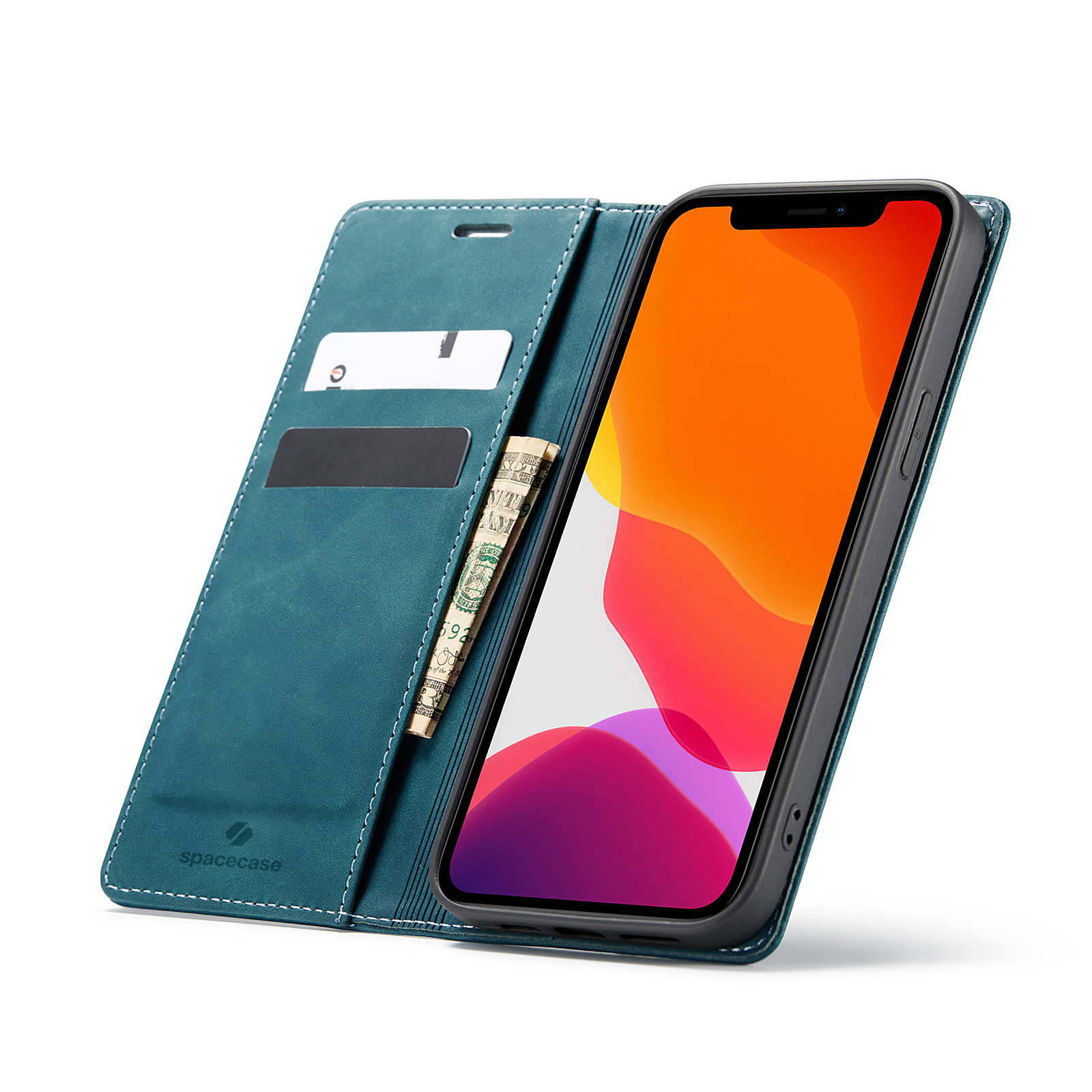 Etui z klapką w kolorze niebieskim z miejscem na karty i banknoty, obok znajduje się telefon z wyświetlaczem w kolorach pomarańczowym i różowym. Na etui widoczne jest logo \'spacecase\'.