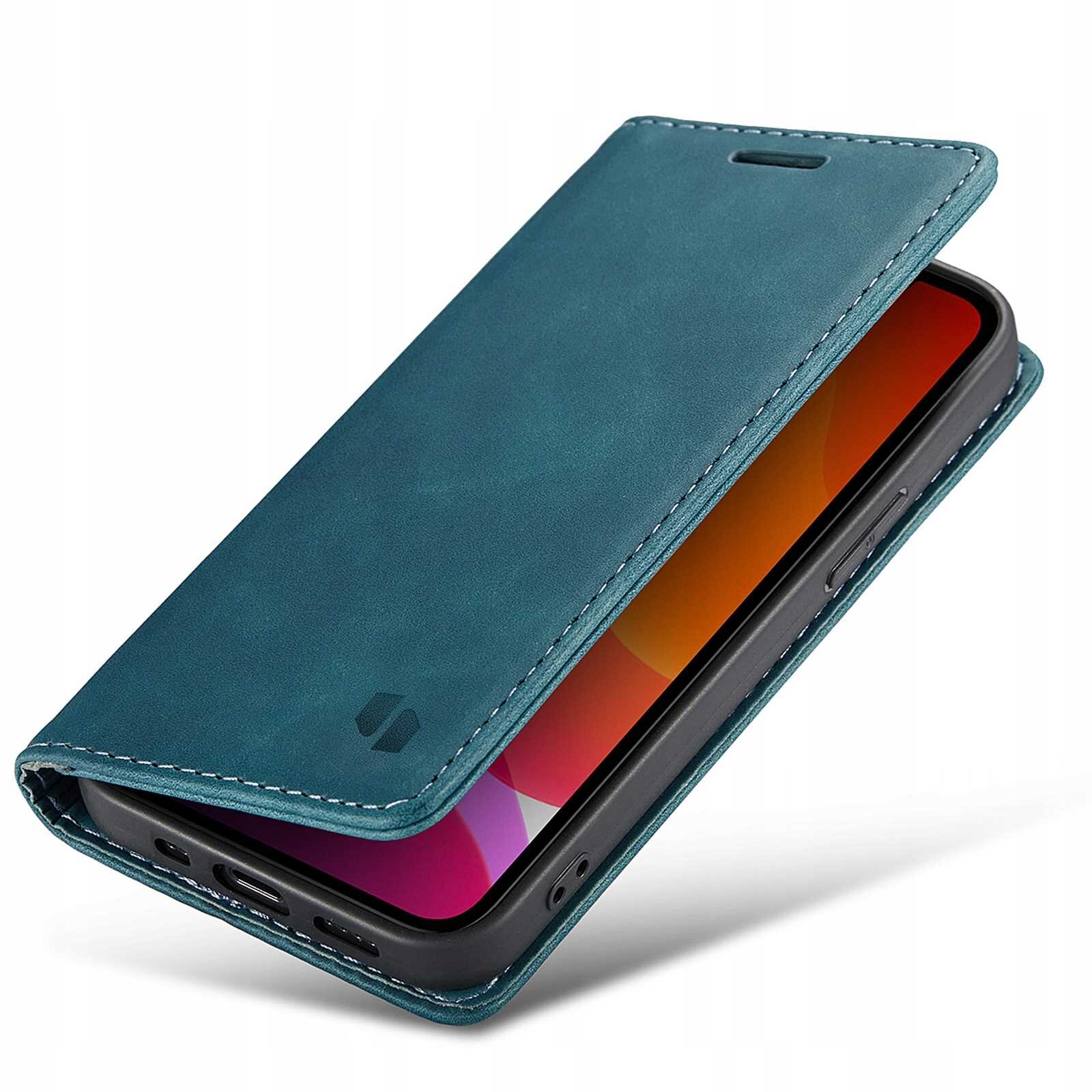 Niebieskie etui z klapką na telefon, z widocznym logo producenta na klapce. Telefon w środku ma wyświetlony kolorowy ekran.