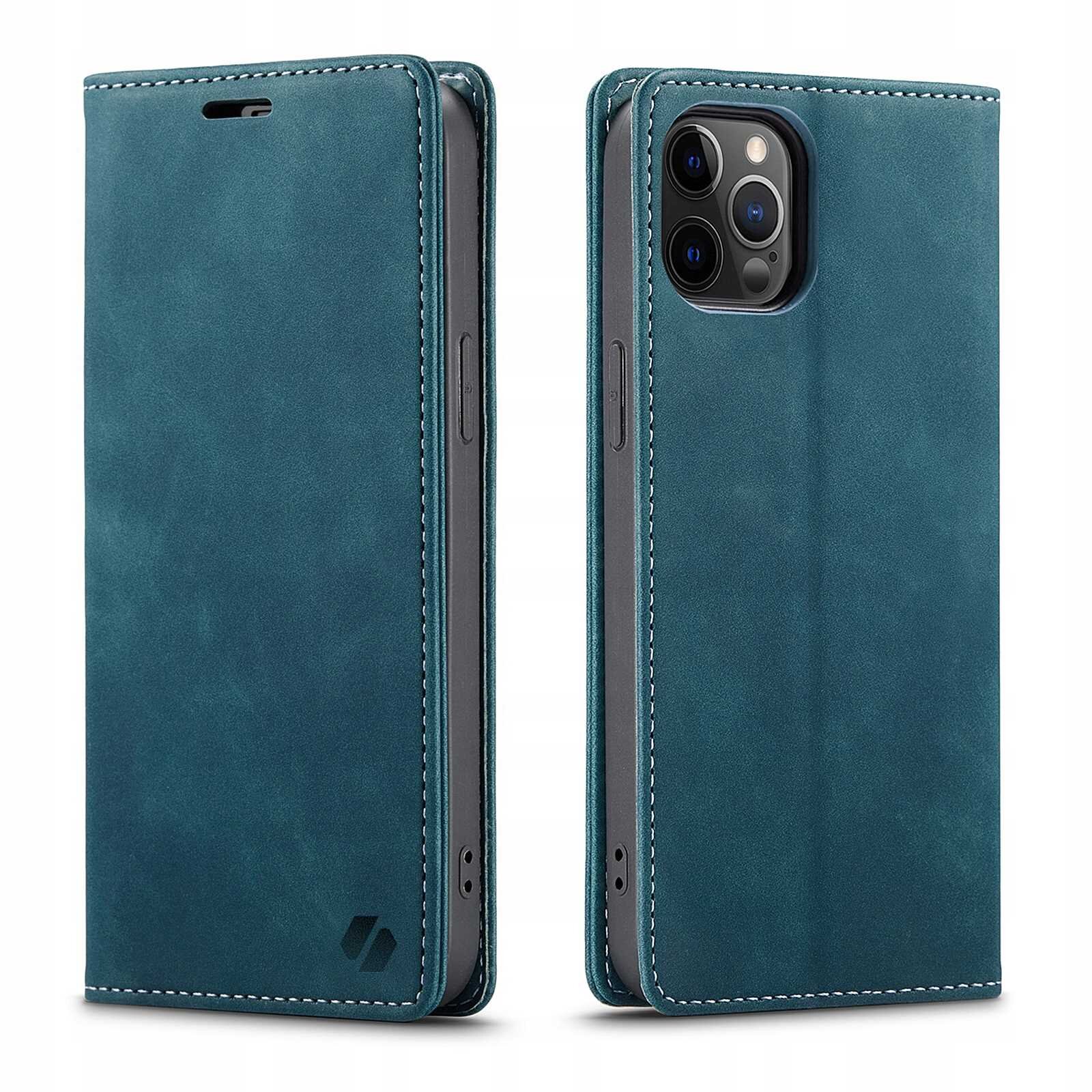 Na obrazie widoczne jest niebieskie etui z klapką na telefon, z wycięciem na aparat i logo producenta w dolnym rogu. Etui ma widoczne przeszycia na krawędziach.