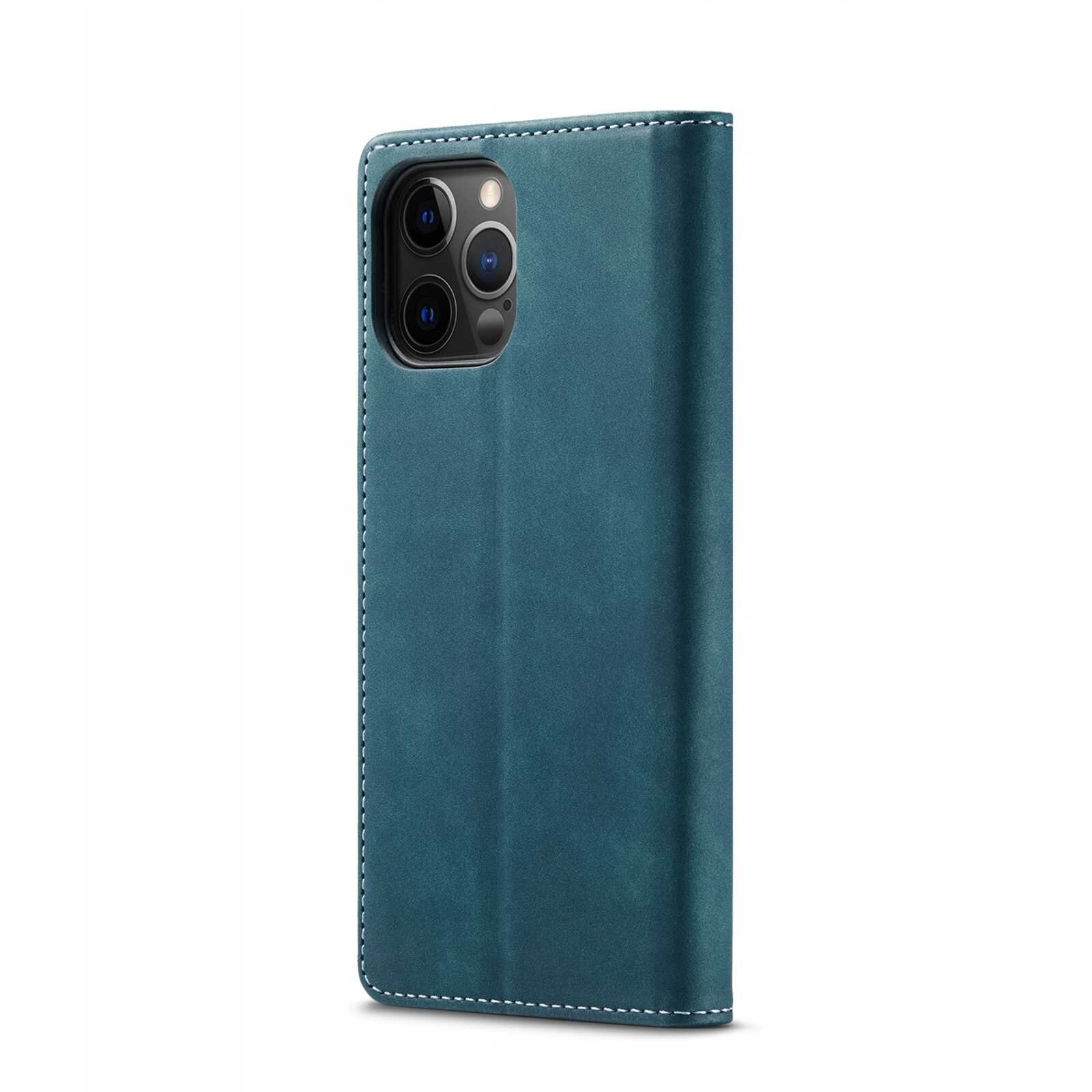 Niebieskie etui z klapką na telefon, z widocznymi wycięciami na aparat. Materiał wygląda na gładki, z widocznymi przeszyciami na krawędziach.