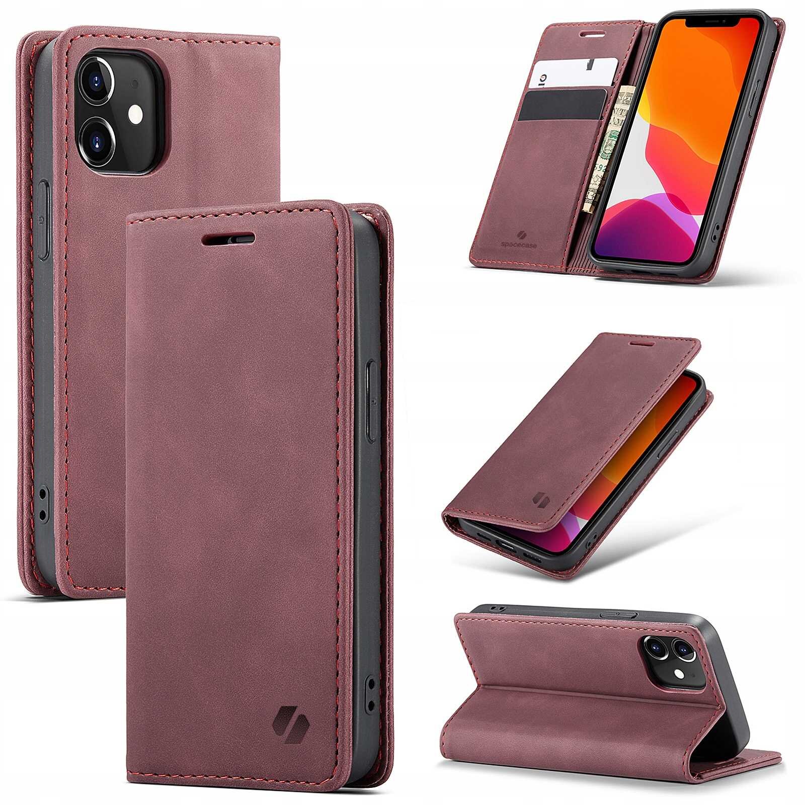 Czerwone etui z klapką do iPhone 12/12 Pro, z miejscem na karty i banknoty. Widoczne logo producenta na dolnej części etui.