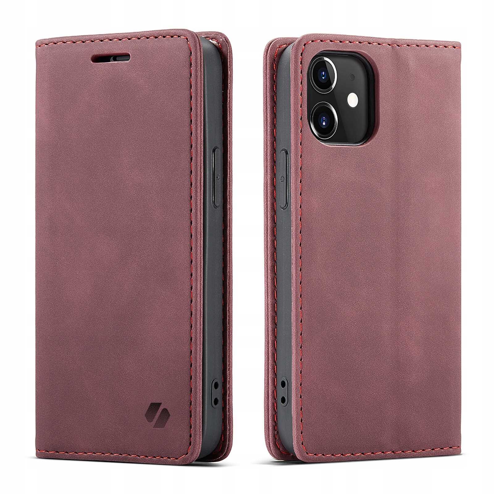 Na obrazie widoczne jest czerwone etui z klapką na telefon, z wycięciami na aparat i przyciski. Na dolnej części etui znajduje się logo producenta.