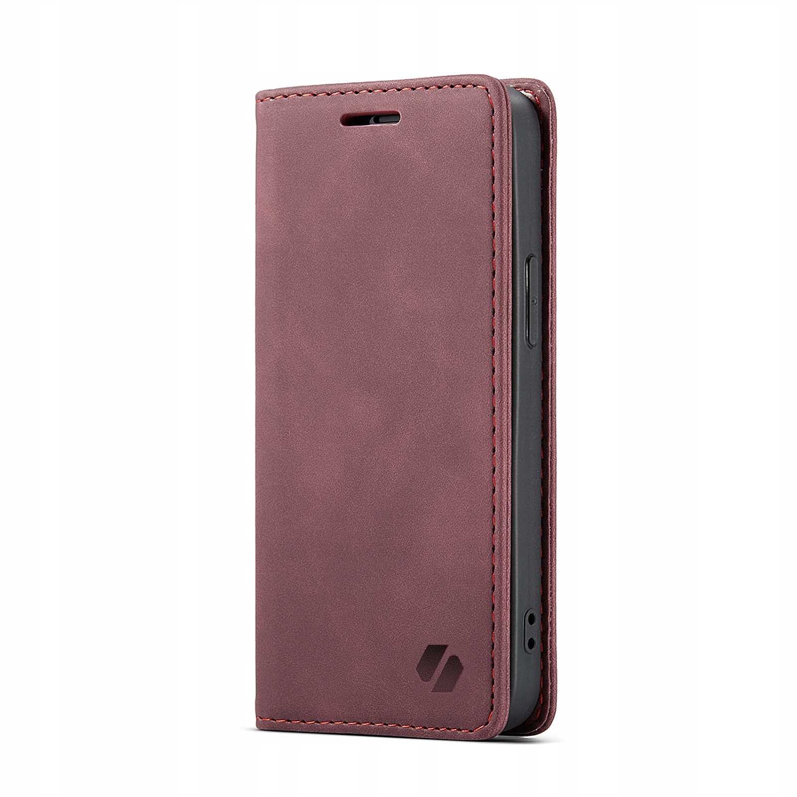 Czerwone etui z klapką do telefonu, z widocznym logo producenta w dolnym rogu. Etui ma gładką powierzchnię i otwór na głośnik.