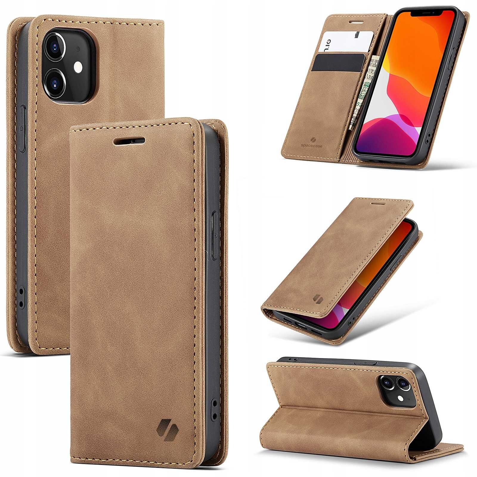 Brązowe etui z klapką do telefonu, z miejscem na karty i funkcją stojaka. Widoczne logo producenta na dolnej części klapki.