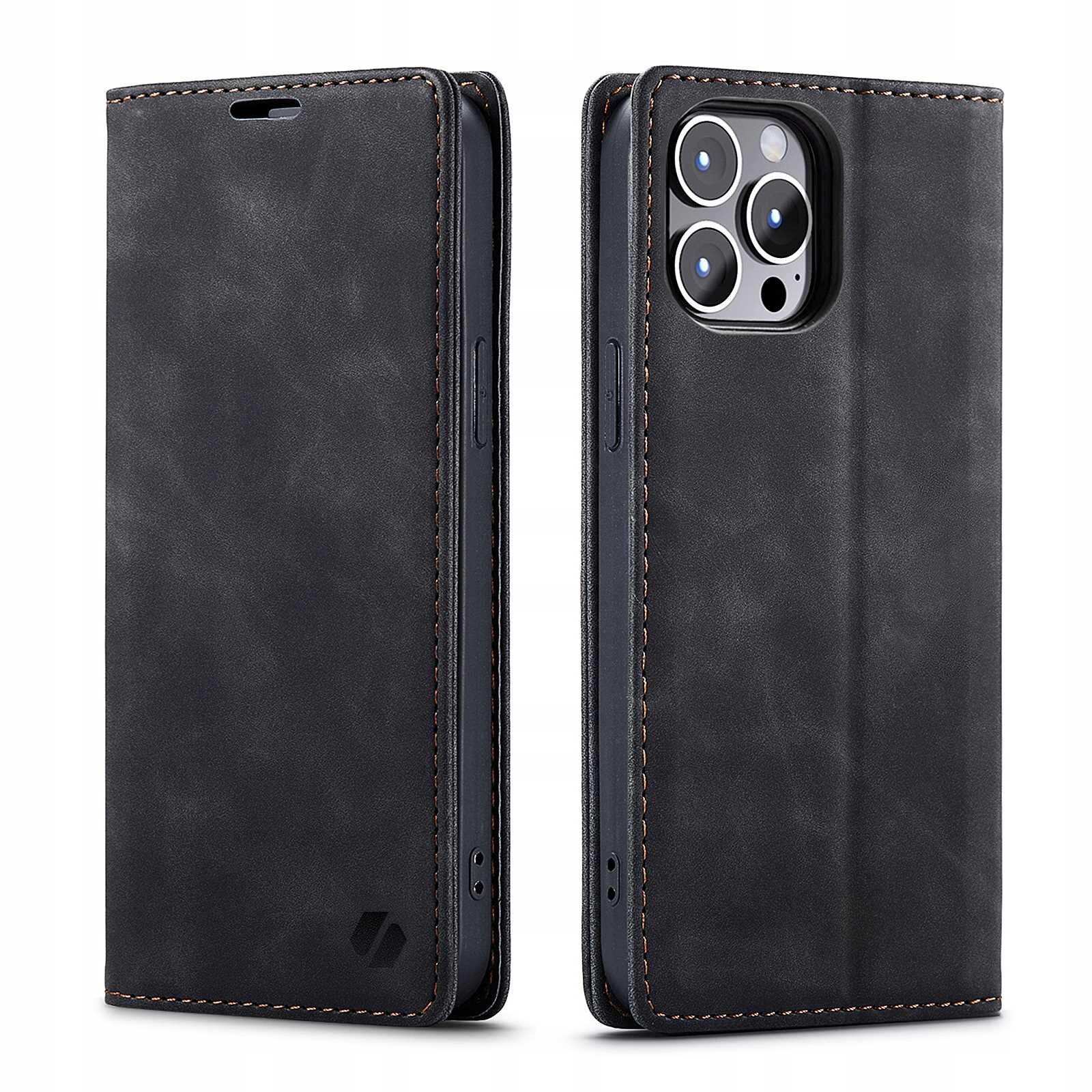 Czarne etui z klapką na telefon z widocznymi przeszyciami i otworem na aparat. Na etui znajduje się subtelne logo producenta.