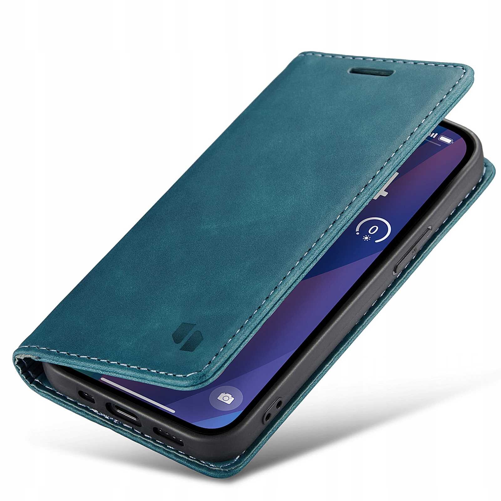 Niebieskie etui z klapką na smartfon, z widocznym wycięciem na głośnik i logo producenta. Wewnątrz znajduje się telefon z wyświetlaczem pokazującym ikonę aparatu i wskaźnik baterii.