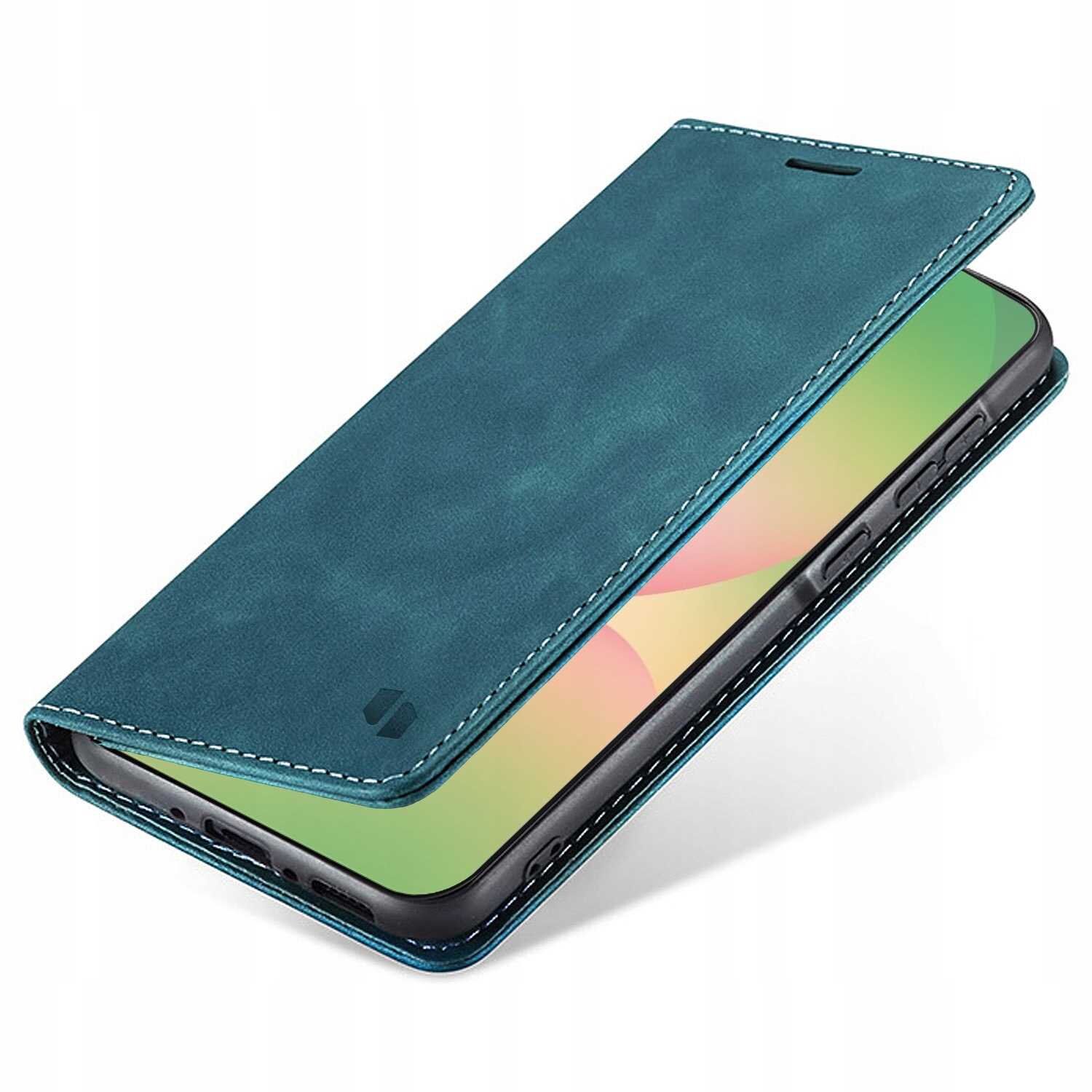 Niebieskie etui z klapką na smartfon, z widocznym logo producenta. Etui jest zamknięte, a jego wnętrze jest lekko widoczne z boku.