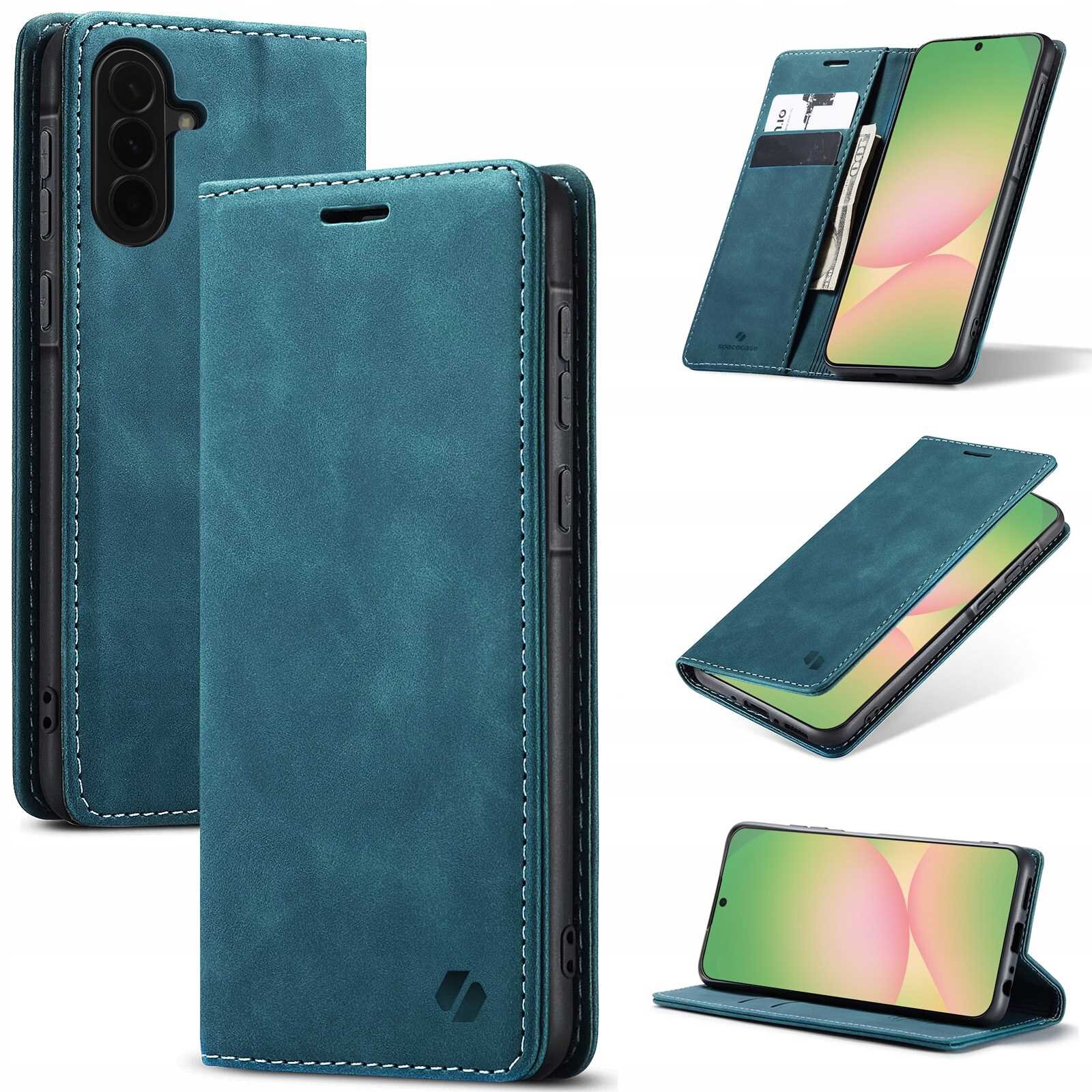 Niebieskie etui z klapką do telefonu, z miejscem na karty i funkcją stojaka. Widoczne są różne ujęcia etui, w tym z zamkniętą i otwartą klapką.