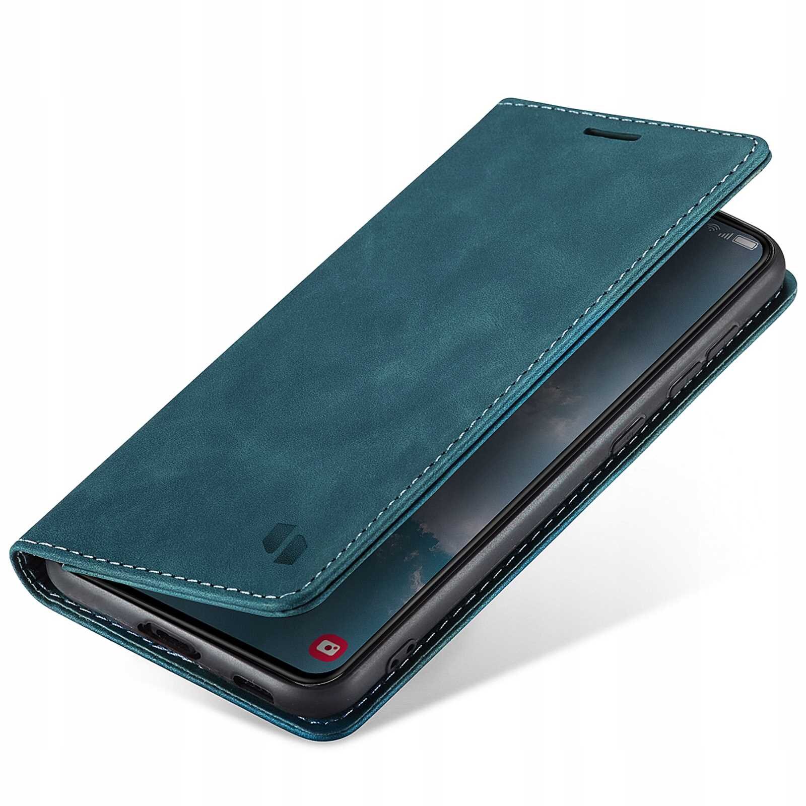 Niebieskie etui z klapką na smartfon, z widocznym logo producenta na dolnej części klapki. Etui jest otwarte, ukazując ekran telefonu wewnątrz.