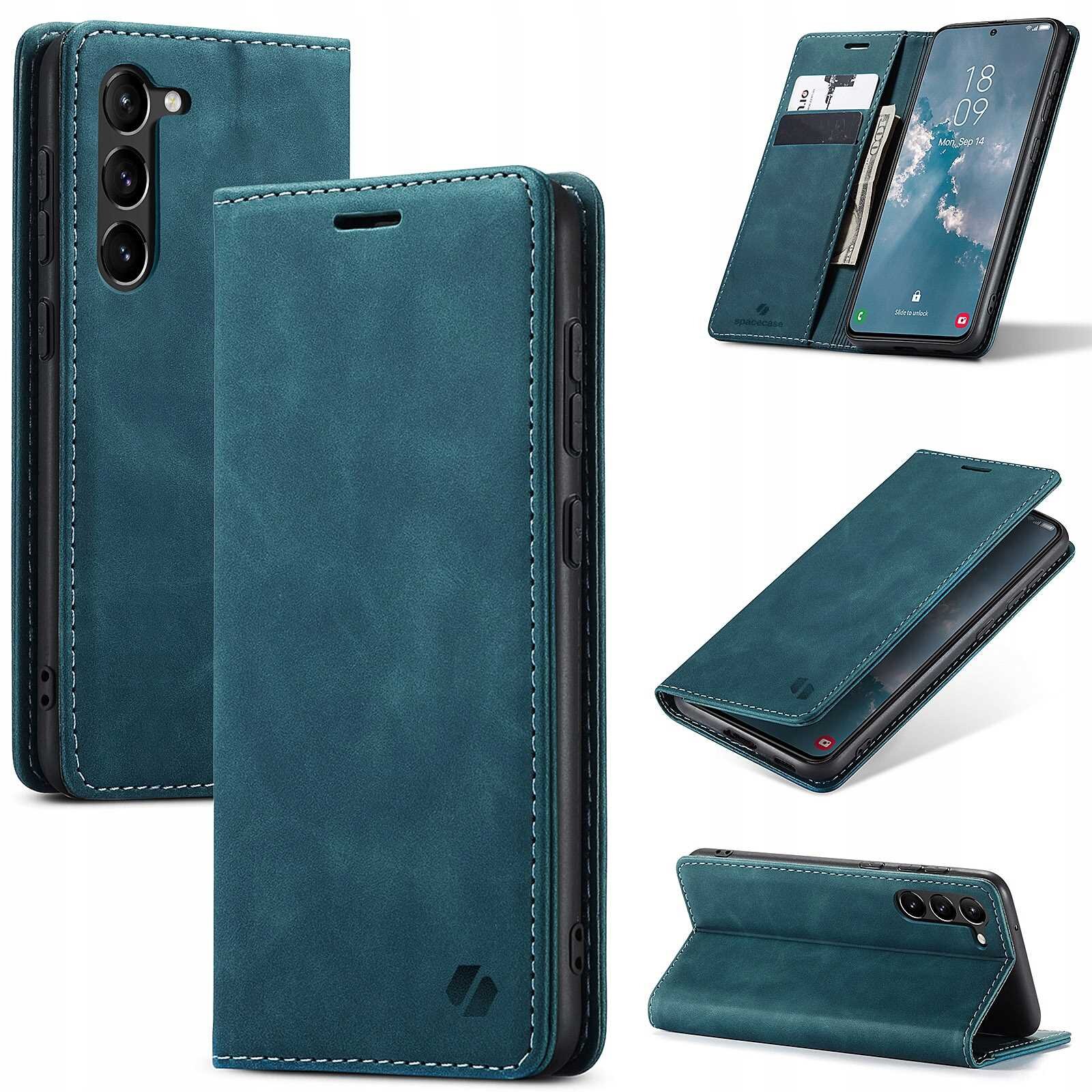 Na obrazie widoczne jest niebieskie etui z klapką do telefonu, z miejscem na karty i funkcją stojaka. Etui ma wycięcia na aparat i przyciski boczne.
