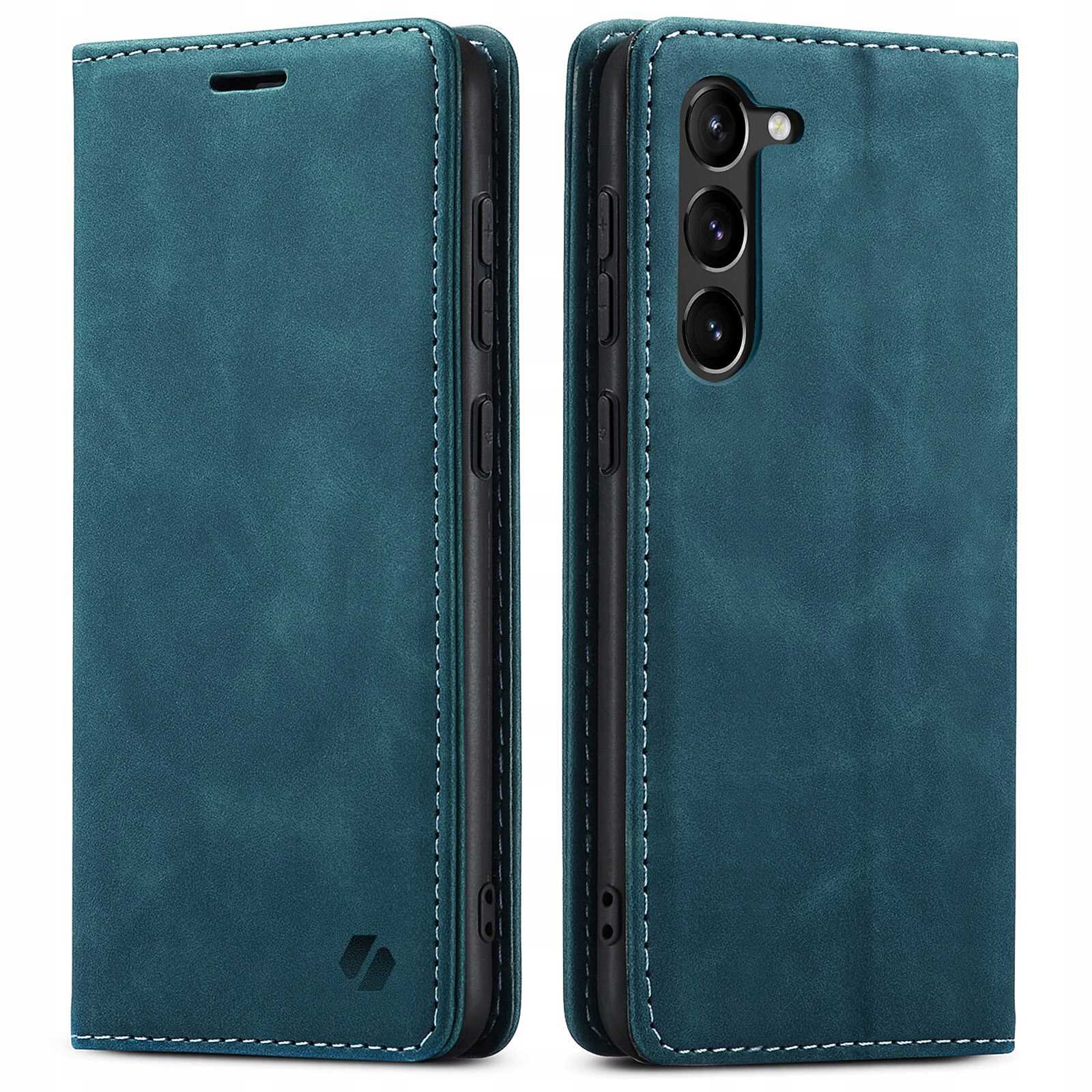Niebieskie etui z klapką do telefonu, z widocznymi trzema otworami na aparaty i logo producenta w dolnym rogu.
