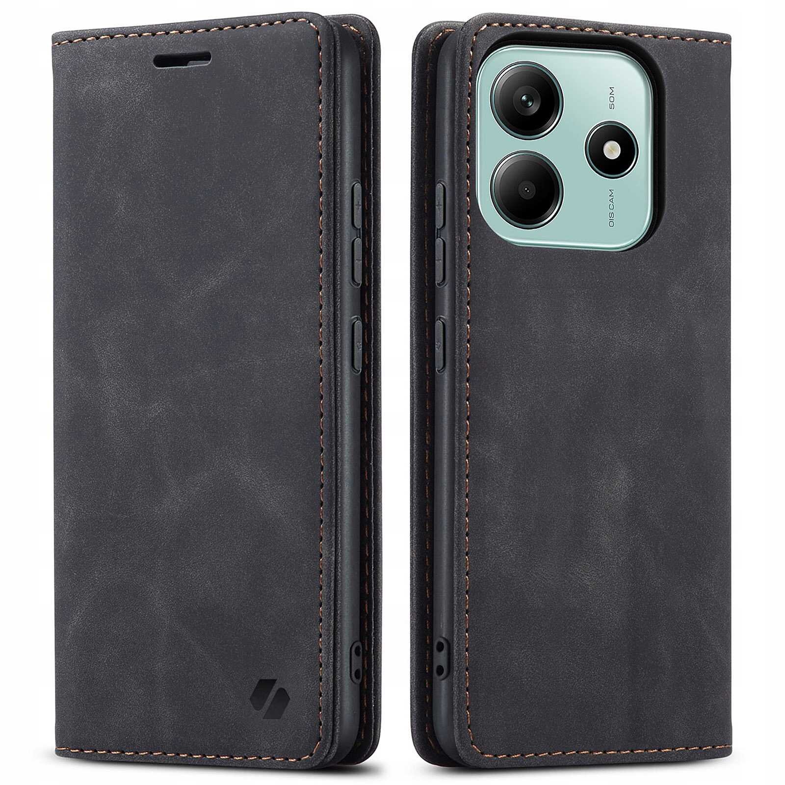 Na obrazie widoczne jest czarne etui z klapką na telefon, z trzema wycięciami na aparaty fotograficzne. Etui ma widoczne przeszycia i logo producenta w dolnym rogu.