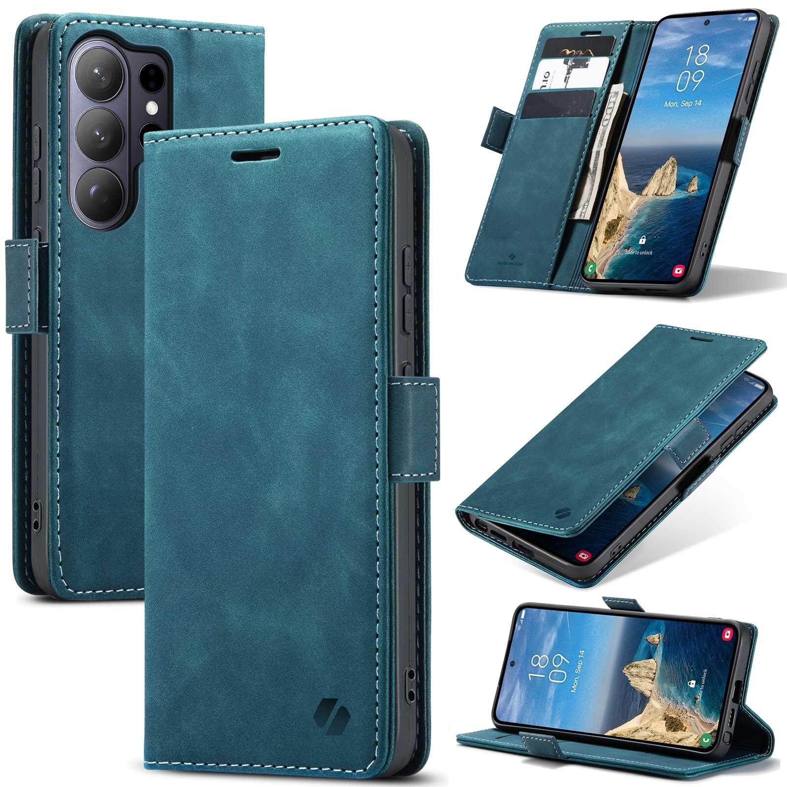 Na obrazie widoczne jest niebieskie etui z klapką do telefonu, z miejscem na karty i logo producenta. Telefon w etui wyświetla ekran z datą \'Mon, Sep 14\' i godziną \'18:09\'.