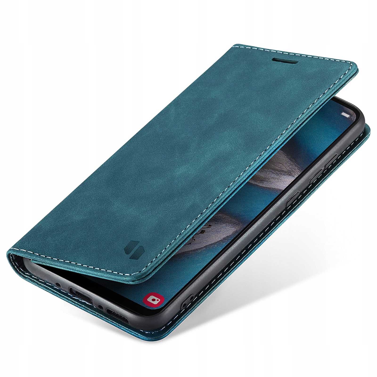 Niebieskie etui z klapką na smartfon, z widocznym logo producenta. Etui jest zamknięte, a na ekranie telefonu widać fragment grafiki.