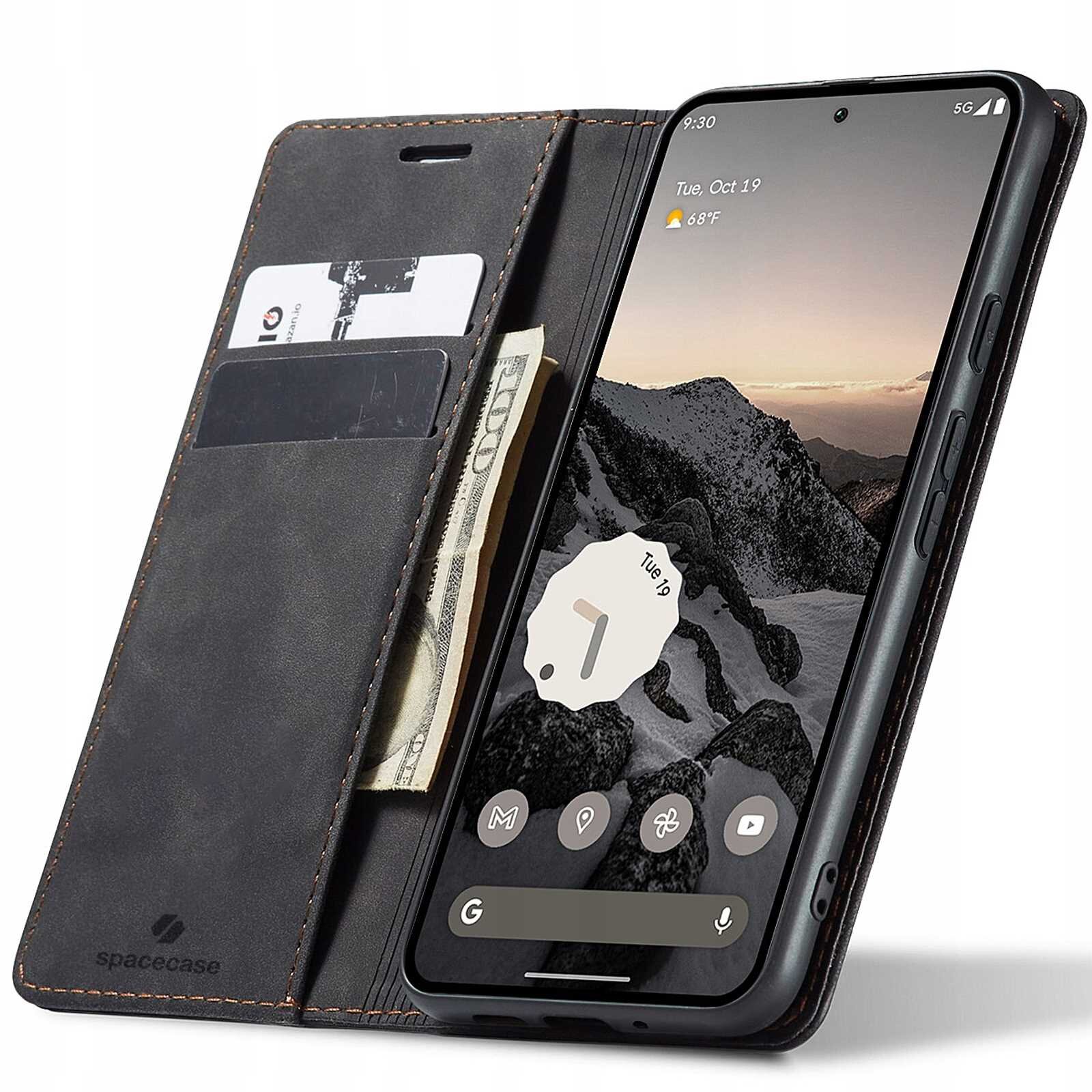 Etui z klapką SPACECASE Wallet do telefonu, w kolorze czarnym, z miejscem na karty i banknoty. Na ekranie telefonu widoczny jest krajobraz górski oraz data \'Tue, Oct 19\'.