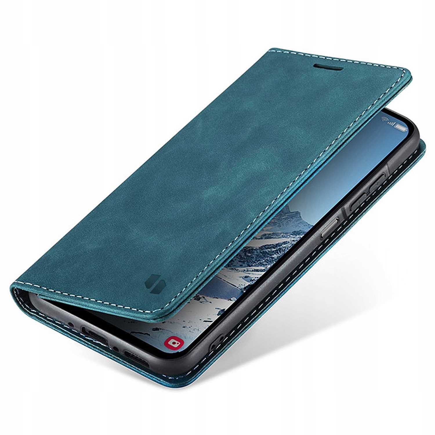 Niebieskie etui z klapką na telefon, częściowo otwarte, z widocznym ekranem urządzenia. Na klapce znajduje się subtelne logo producenta.