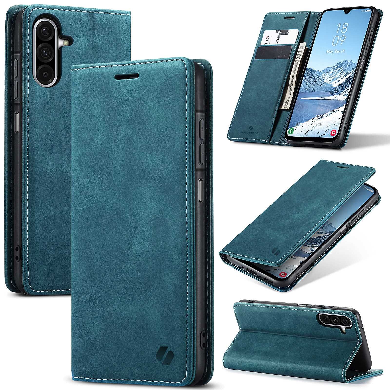 Niebieskie etui z klapką do telefonu, z miejscem na karty i funkcją stojaka. Widoczny jest telefon z wyświetlaczem pokazującym krajobraz górski.