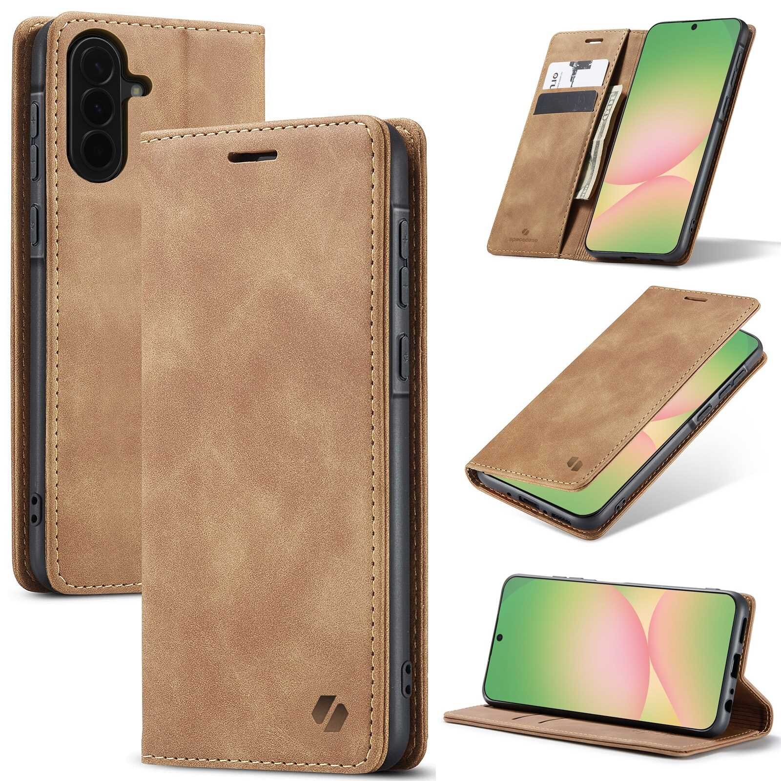 Brązowe etui z klapką do telefonu, z miejscem na karty wewnątrz. Widoczne logo producenta na dolnej części etui.