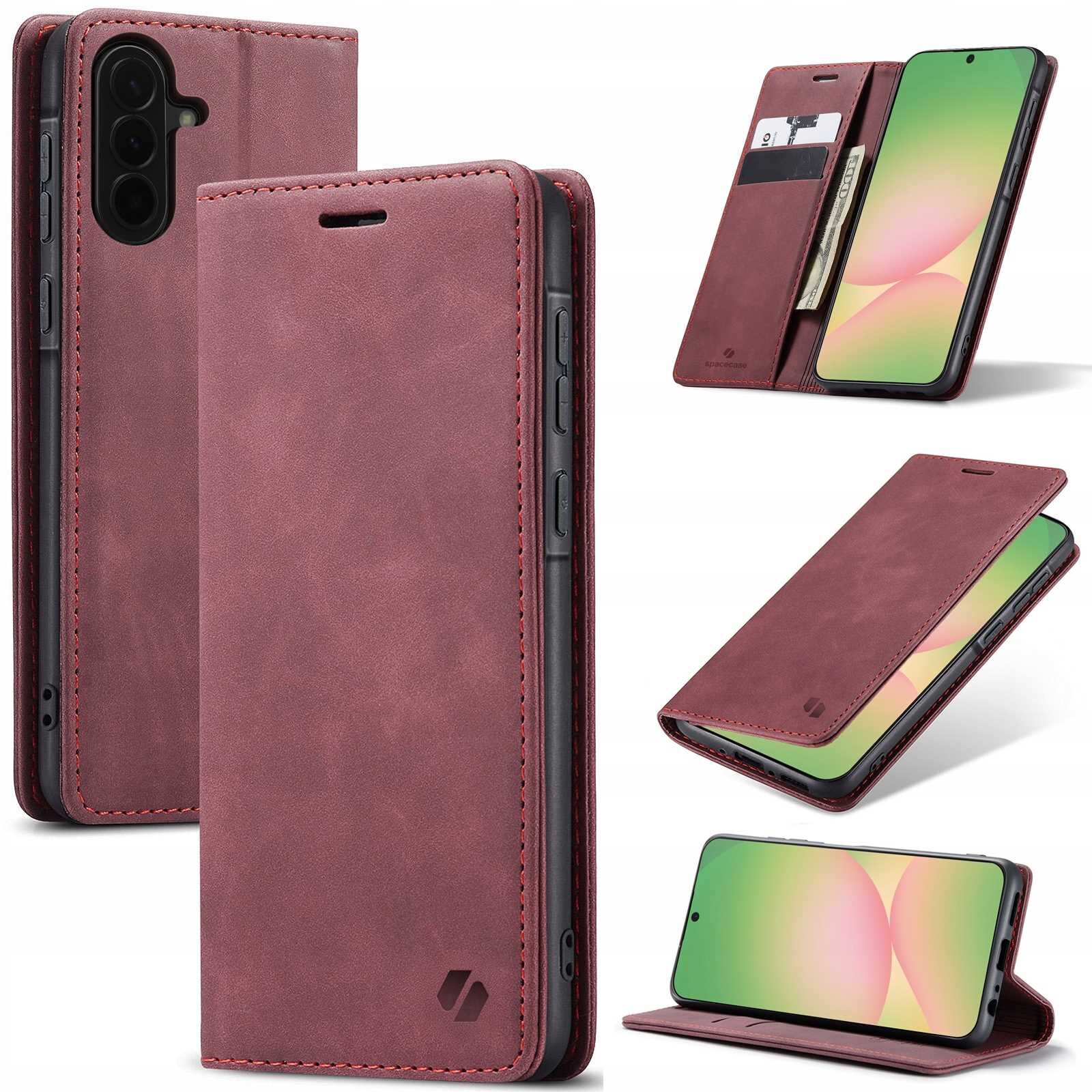 Na obrazie widoczne jest czerwone etui z klapką do telefonu, z miejscem na karty i banknoty. Etui jest pokazane w różnych ujęciach, w tym z telefonem w środku.