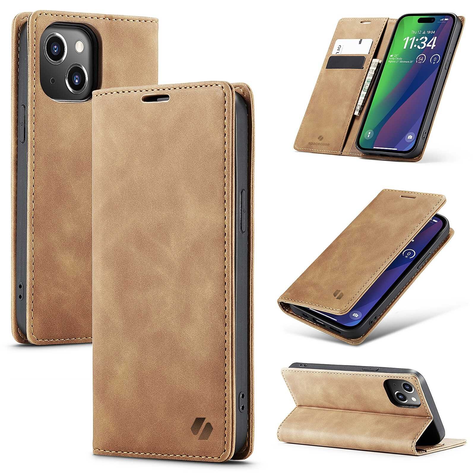 Brązowe etui z klapką do telefonu, z miejscem na karty i funkcją stojaka. Widoczne logo producenta na dolnej części etui.