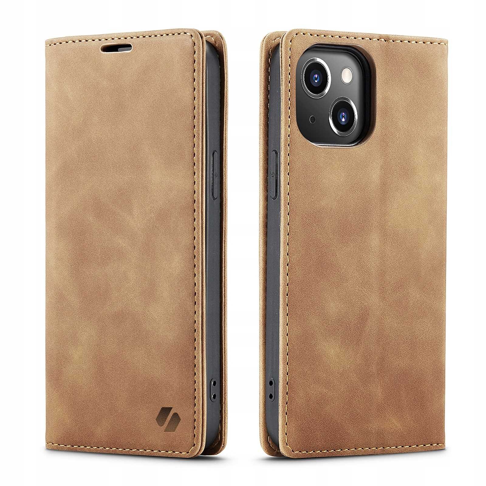 Brązowe etui z klapką na telefon, z widocznym logo producenta w dolnym rogu. Etui jest otwarte, ukazując miejsce na aparat telefonu.