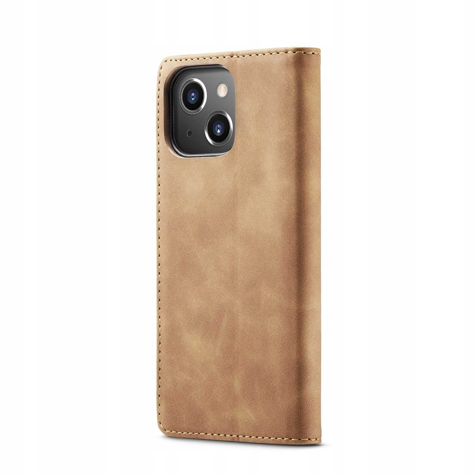 Brązowe etui z klapką na telefon, z widocznymi dwoma otworami na aparat i lampę błyskową.