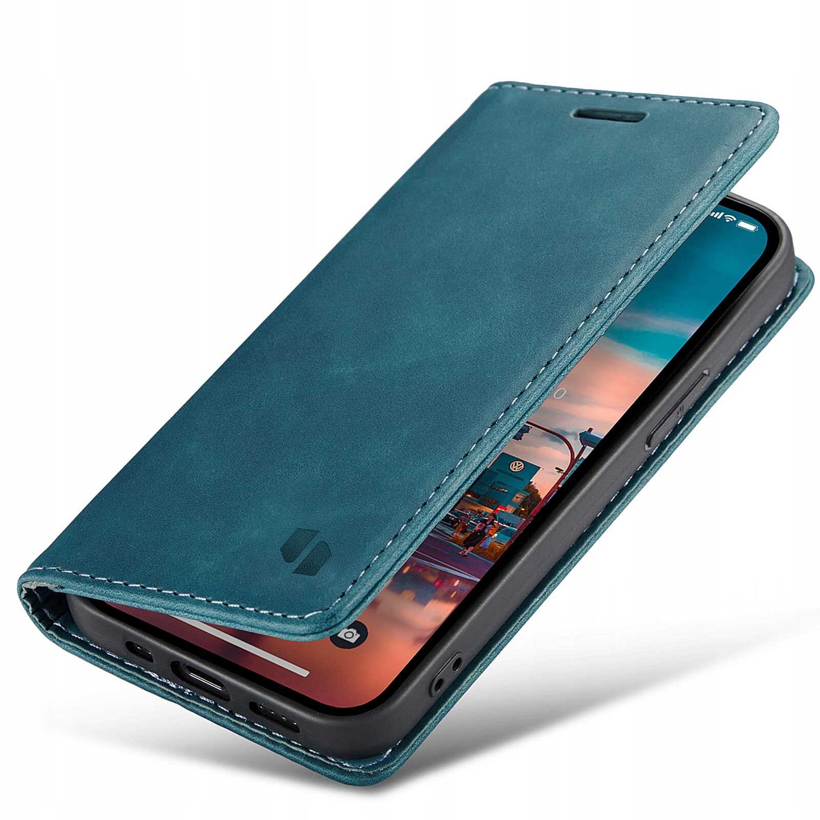 Niebieskie etui z klapką na telefon, częściowo otwarte, ukazujące ekran smartfona. Na klapce widoczne jest logo producenta.