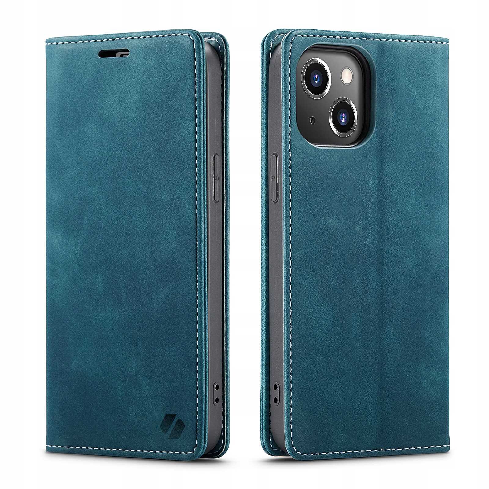 Etui z klapką w kolorze niebieskim, przeznaczone do iPhone 15, widoczne z przodu i z tyłu. Na dolnej części etui znajduje się logo producenta.