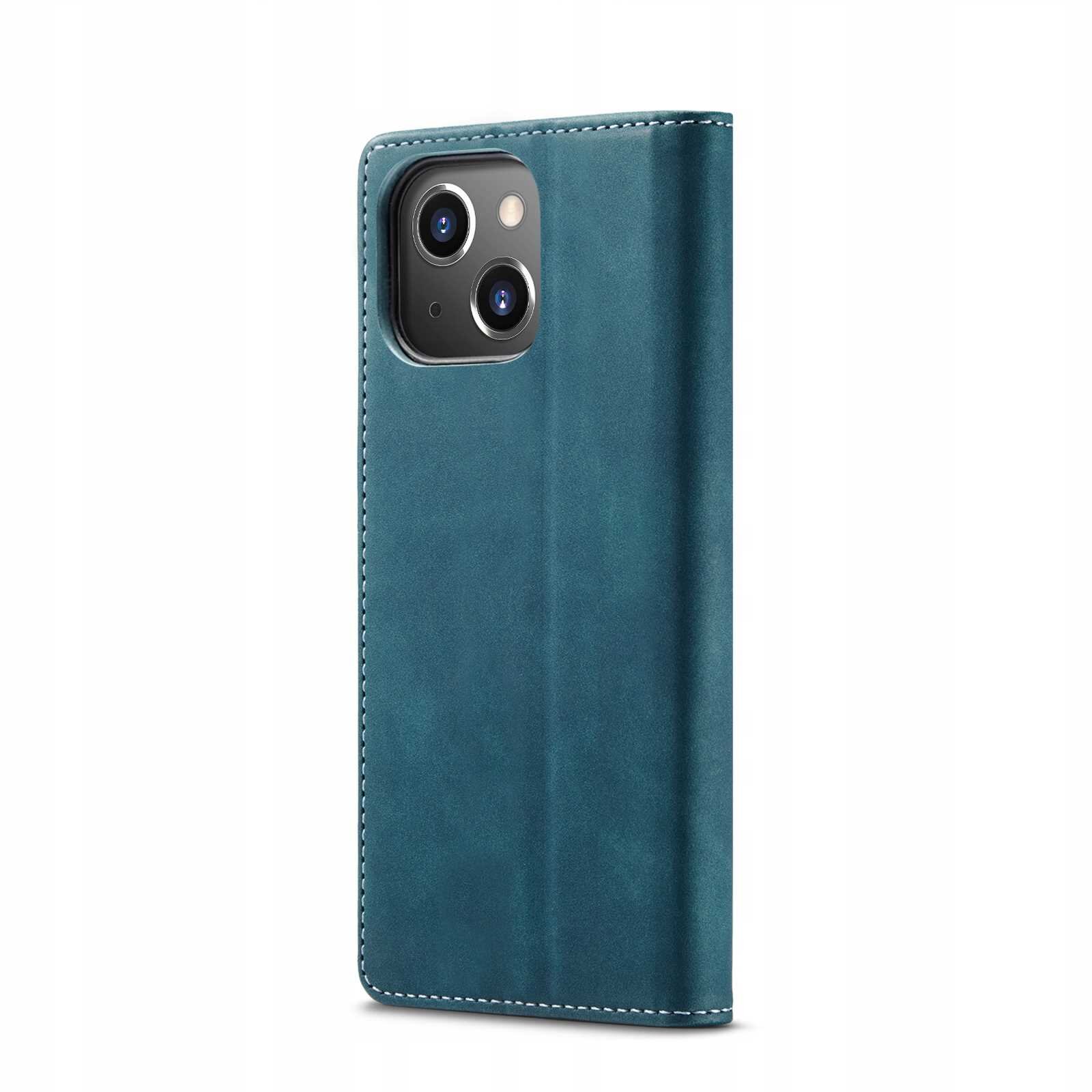 Niebieskie etui z klapką na telefon z widocznymi dwoma otworami na aparaty fotograficzne. Etui ma wyraźne przeszycia na krawędziach.