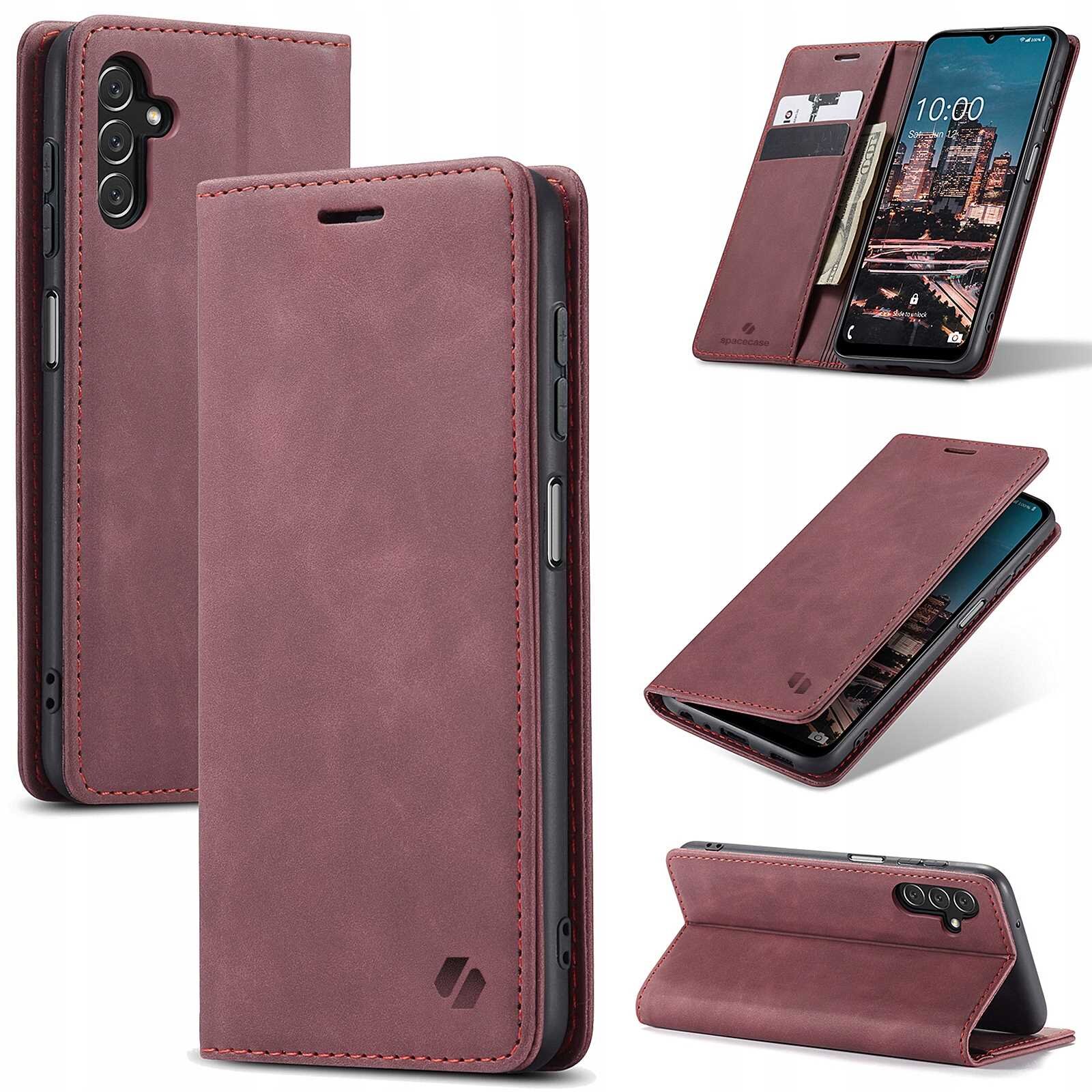 Etui z klapką w kolorze czerwonym, przeznaczone do telefonu Galaxy A14 5G, z miejscem na karty i funkcją stojaka. Widoczne logo producenta na dolnej części etui.