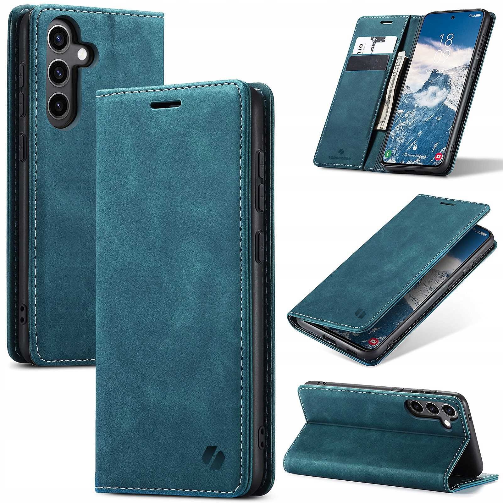 Niebieskie etui z klapką do telefonu, z miejscem na karty i funkcją stojaka. Widoczne są trzy otwory na aparat oraz logo producenta na dolnej części etui.