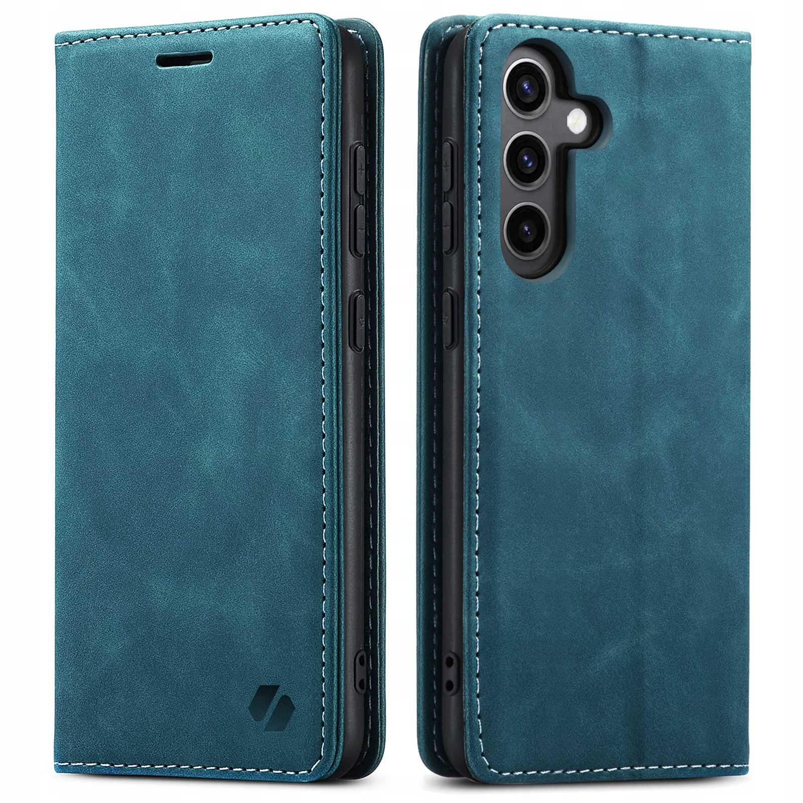 Niebieskie etui z klapką do telefonu, z trzema otworami na aparat i logo producenta w dolnym rogu. Etui ma widoczne przeszycia na krawędziach.